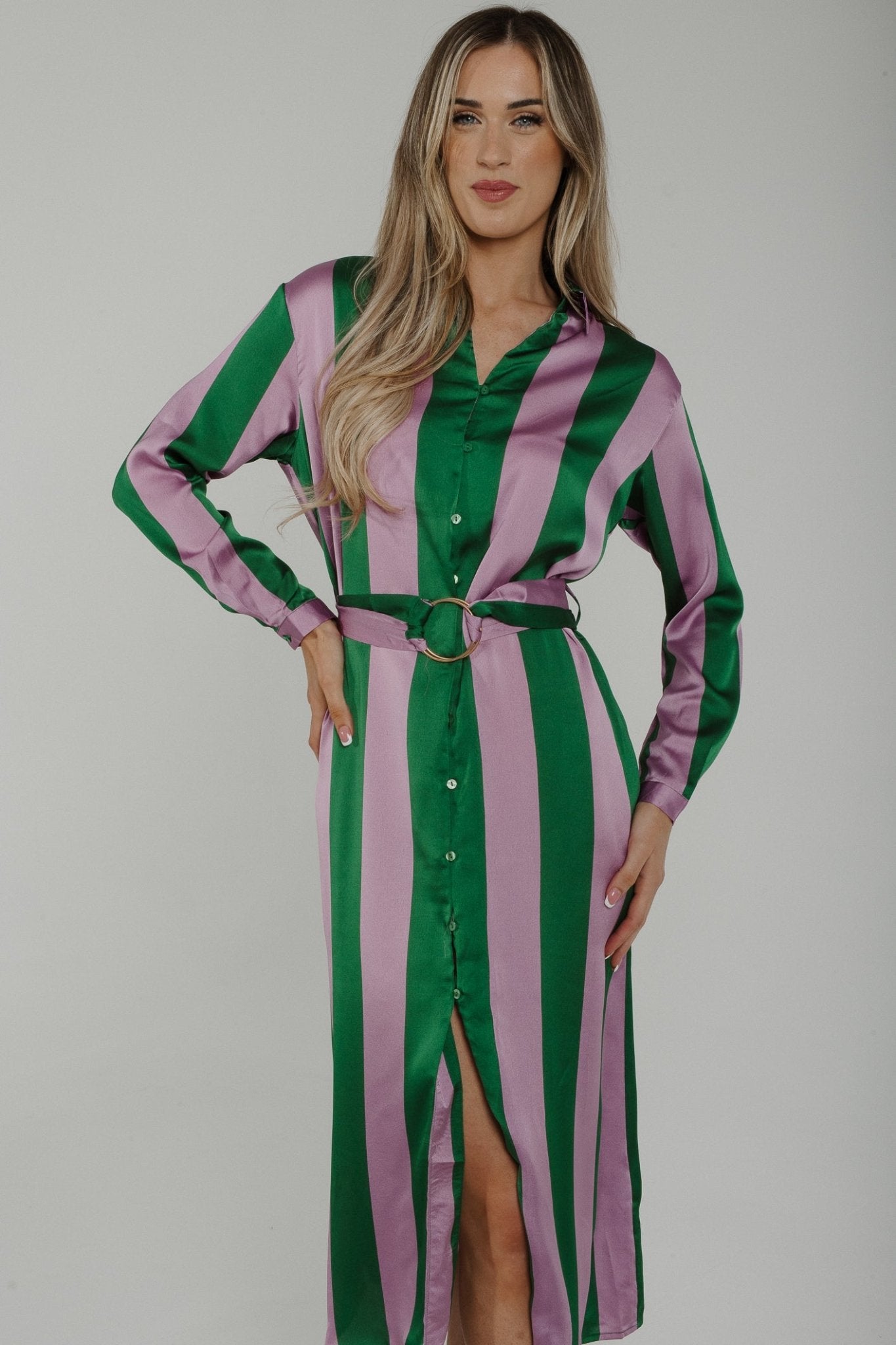 Millie Stripe Shirt Dress In Green & Lilac - The Walk in Wardrobe