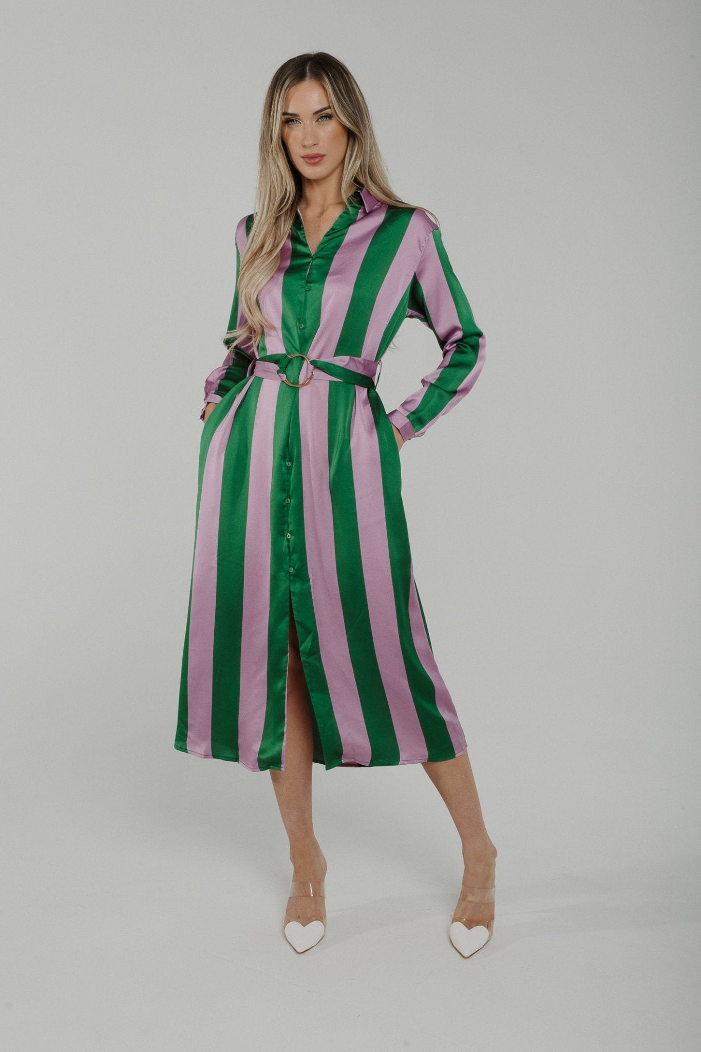 Millie Stripe Shirt Dress In Green & Lilac - The Walk in Wardrobe