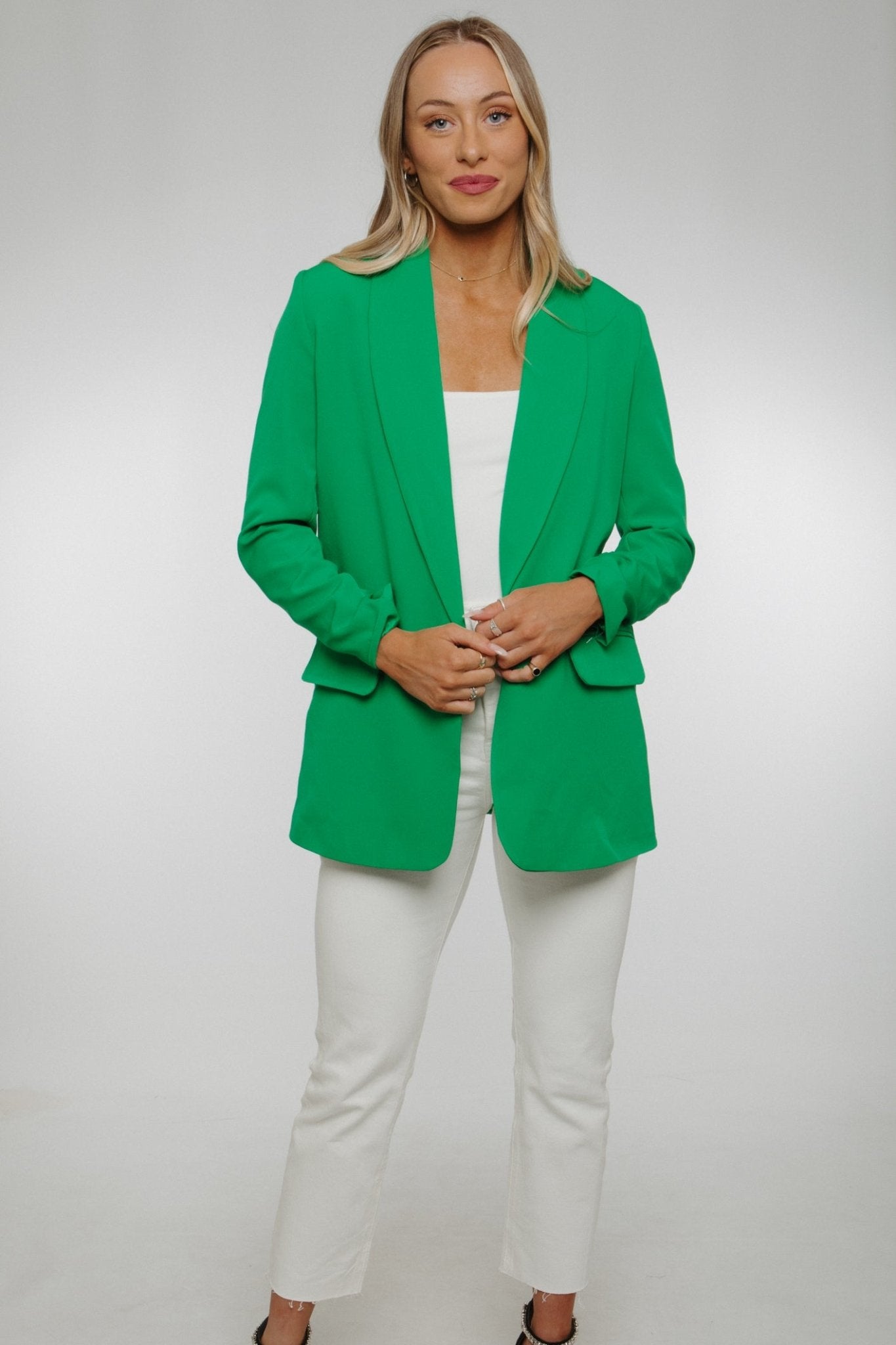 Molly Ruched Sleeve Blazer In Green - The Walk in Wardrobe