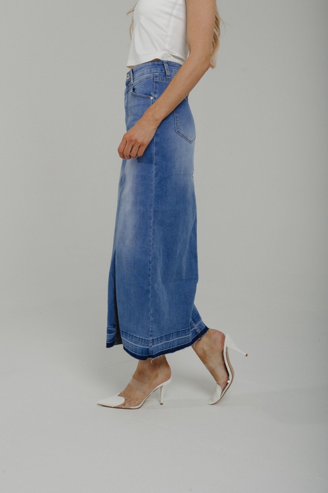 Nancy Denim Maxi Skirt In Mid Wash - The Walk in Wardrobe