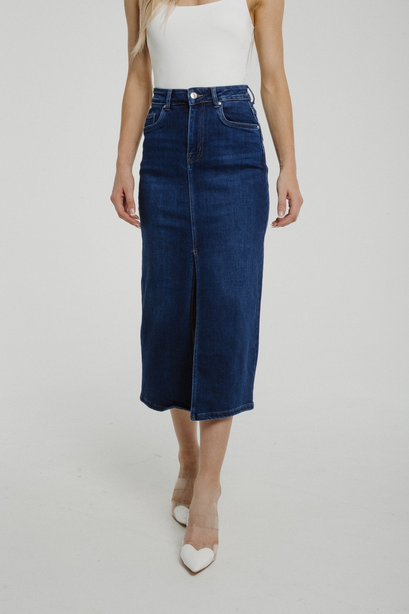 Nancy Denim Midi Skirt In Dark Wash - The Walk in Wardrobe