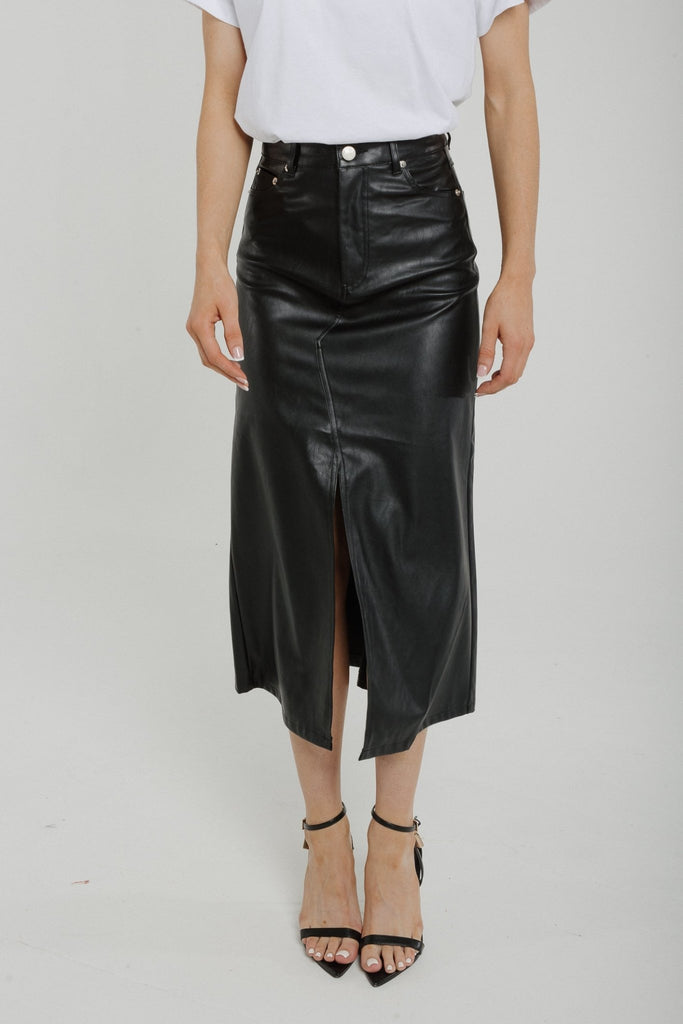 Nancy Faux Leather Midi Skirt In Black - The Walk in Wardrobe