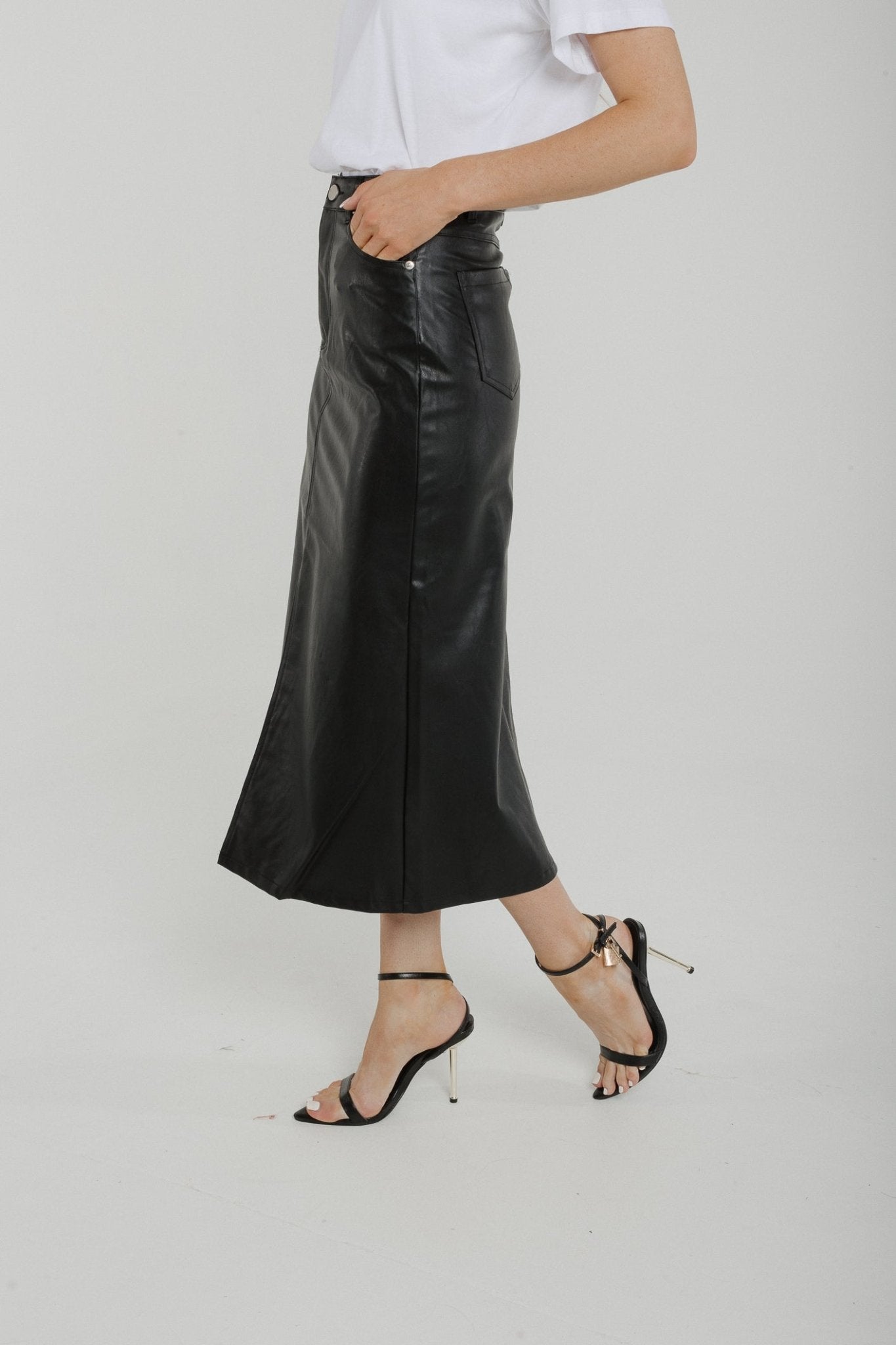 Nancy Faux Leather Midi Skirt In Black - The Walk in Wardrobe