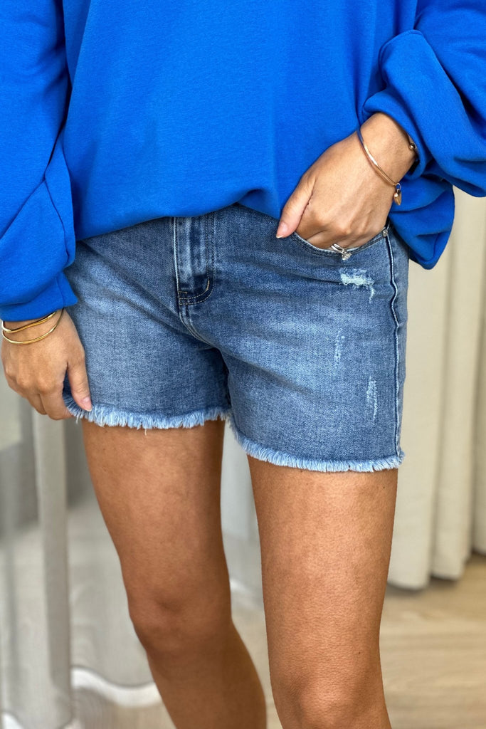 Nancy Frayed Hem Denim Shorts In Mid Wash - The Walk in Wardrobe