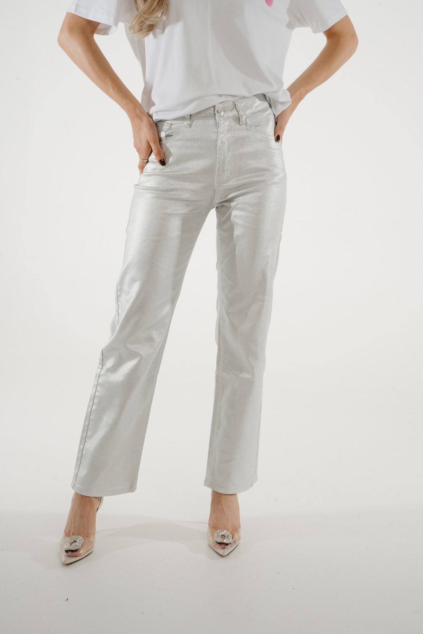 Nancy Metallic Jeans In Silver - The Walk in Wardrobe