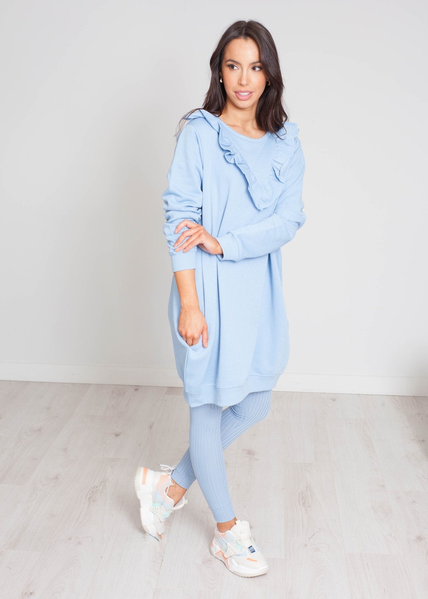 Nora Jumper Dress With Frill In Blue - The Walk in Wardrobe
