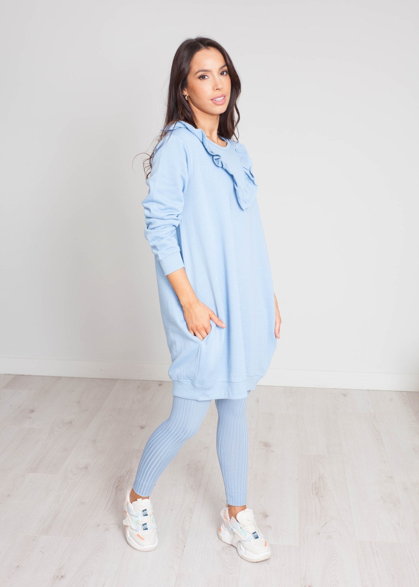 Nora Jumper Dress With Frill In Blue - The Walk in Wardrobe