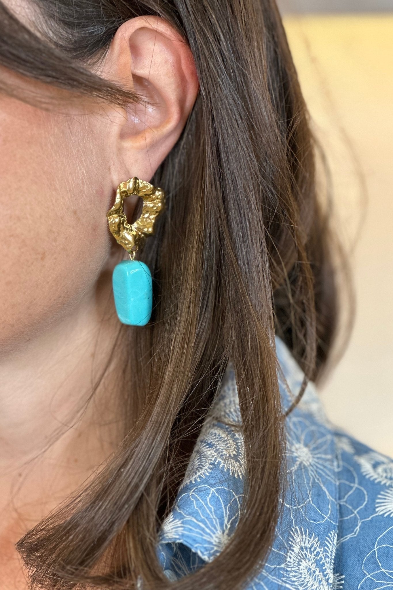 Olive Turquoise Drop Earrings in Gold - The Walk in Wardrobe
