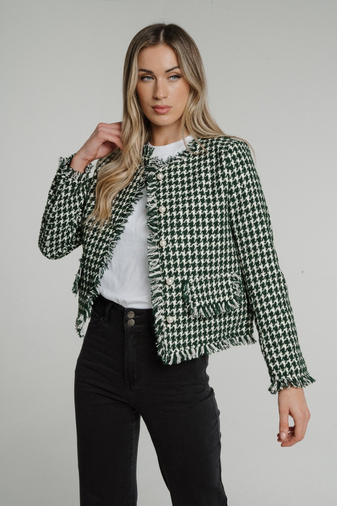 Paige Houndstooth Jacket In Green - The Walk in Wardrobe