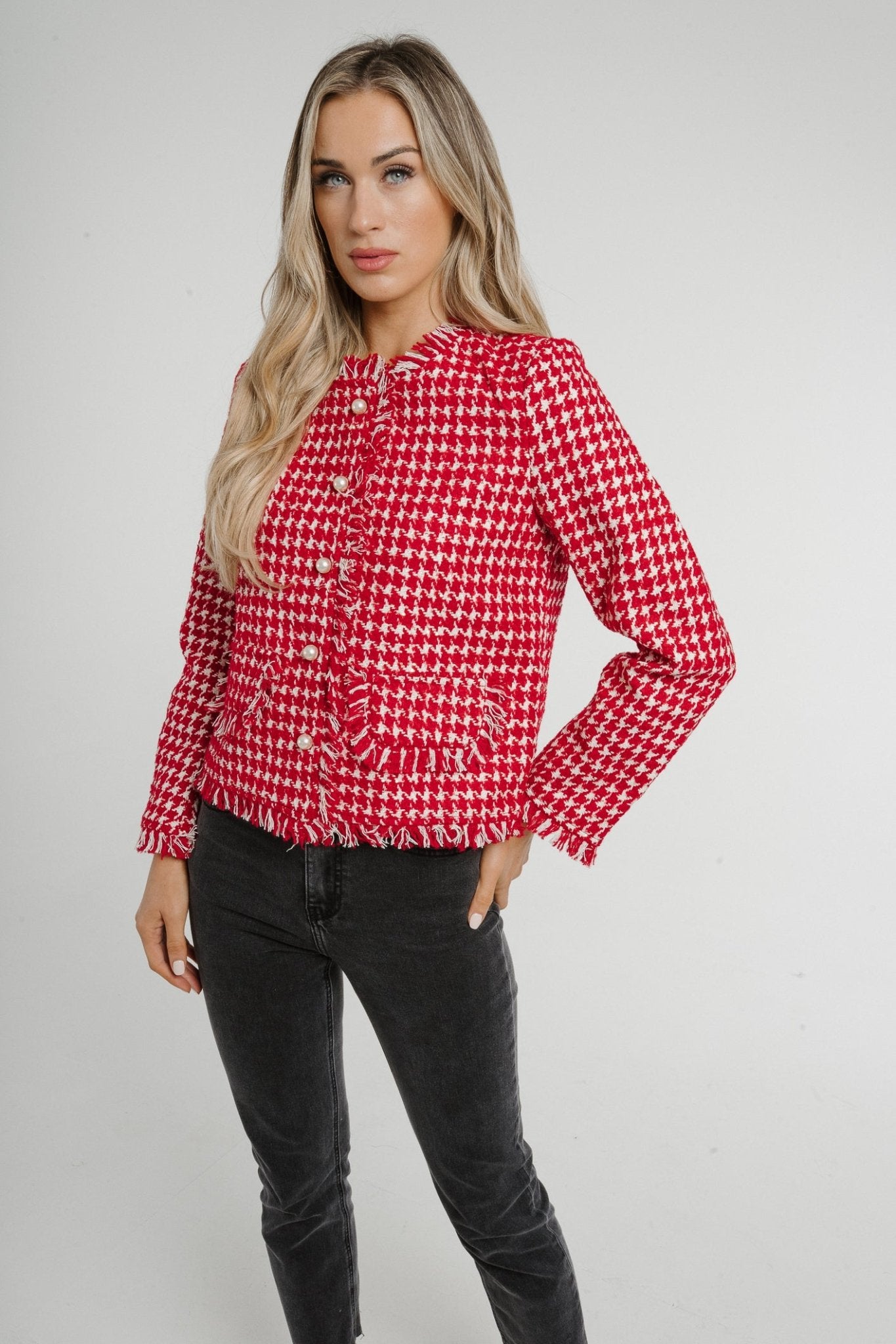 Paige Houndstooth Jacket In Red - The Walk in Wardrobe