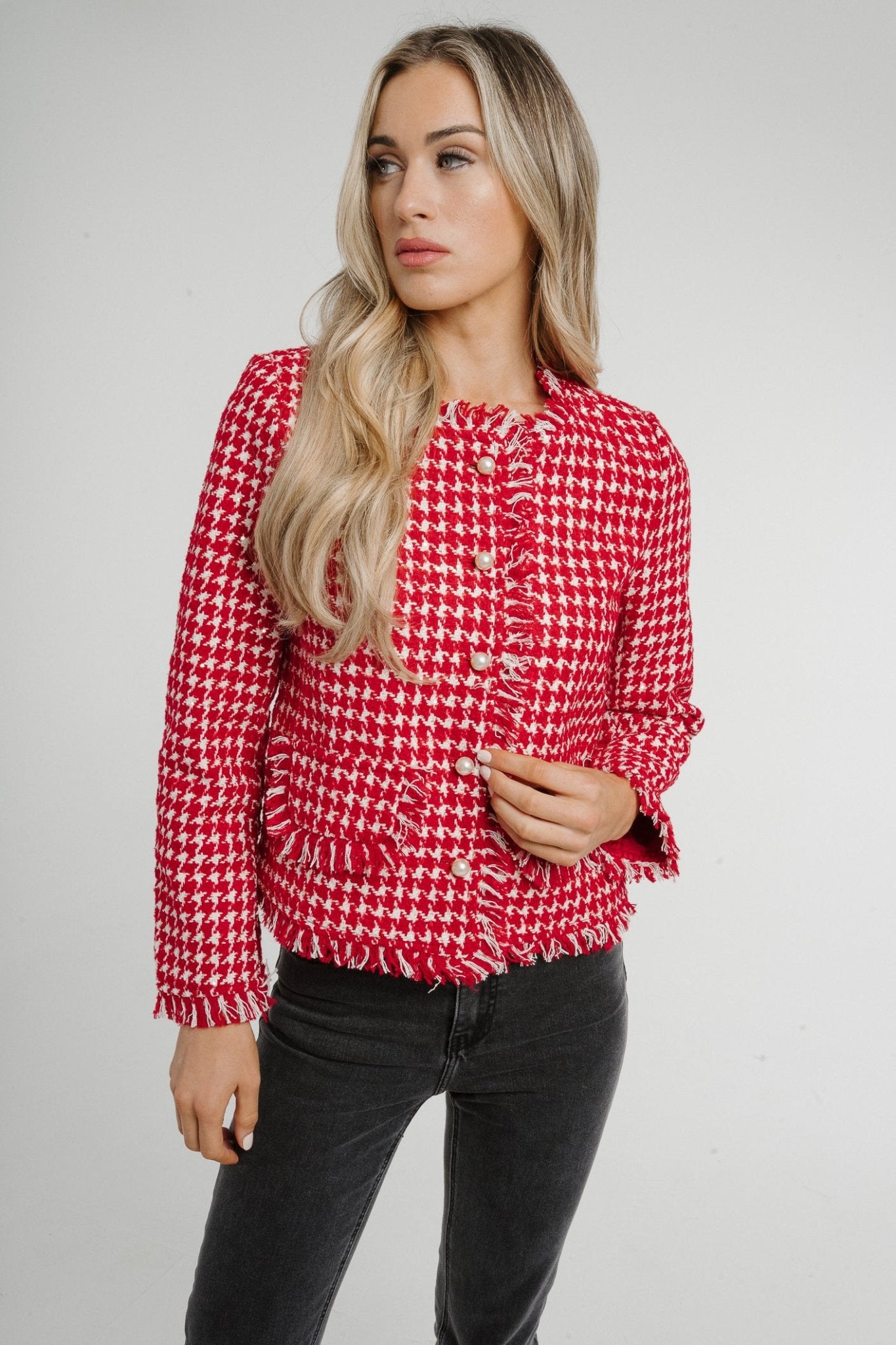 Paige Houndstooth Jacket In Red - The Walk in Wardrobe