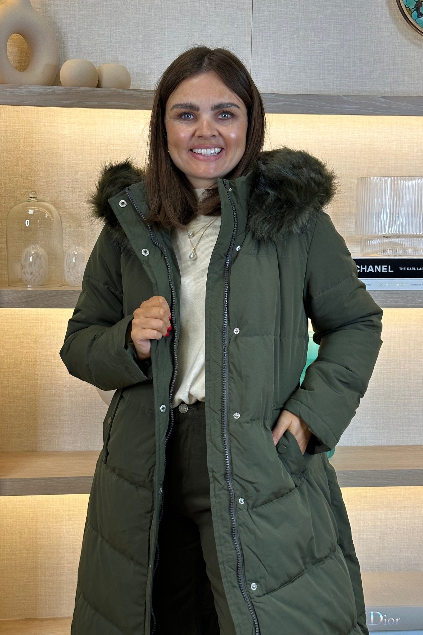 Paige Longline Puffa Coat In Khaki - The Walk in Wardrobe
