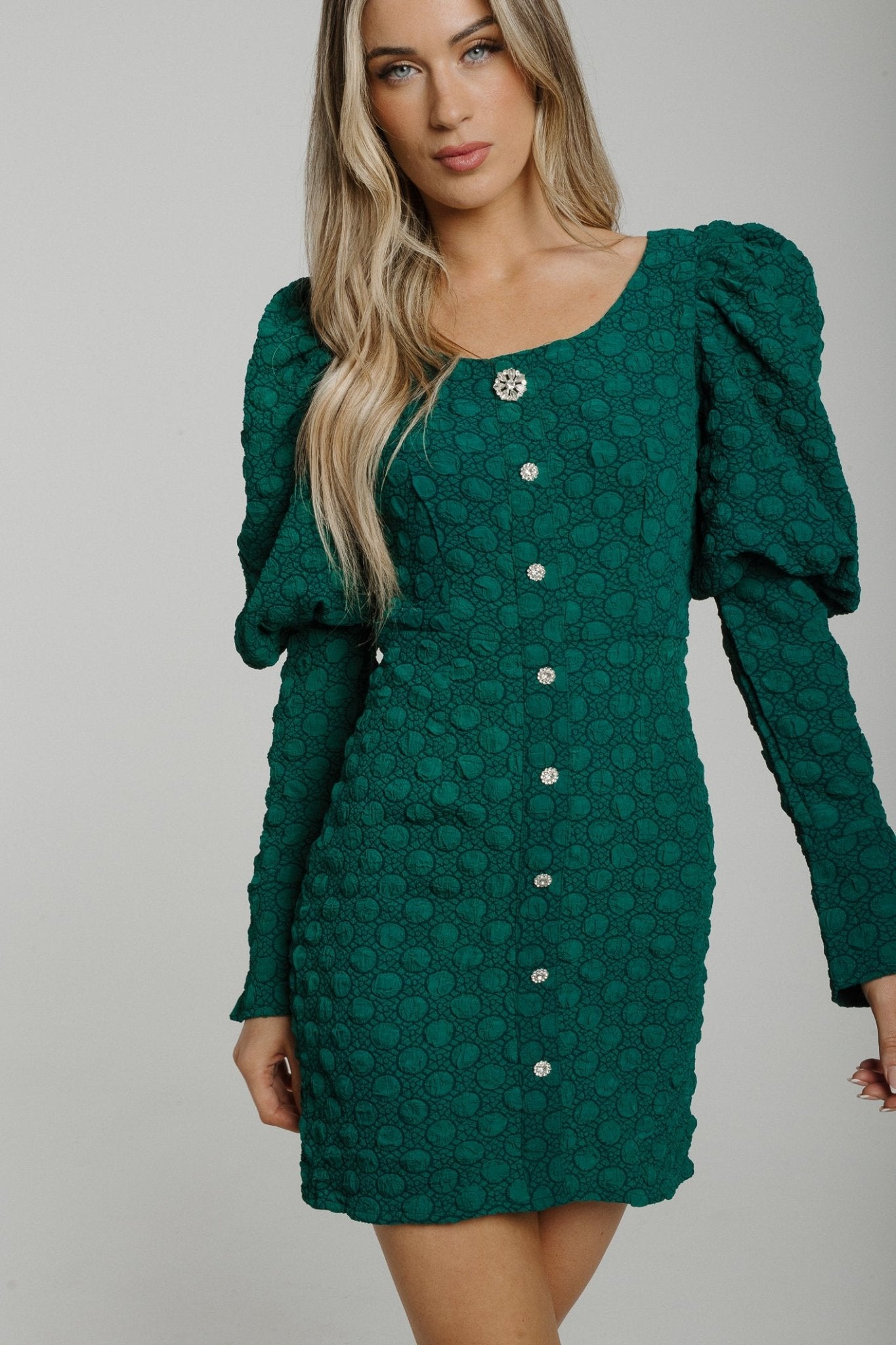 Paige Textured Puff Sleeve Dress In Green - The Walk in Wardrobe