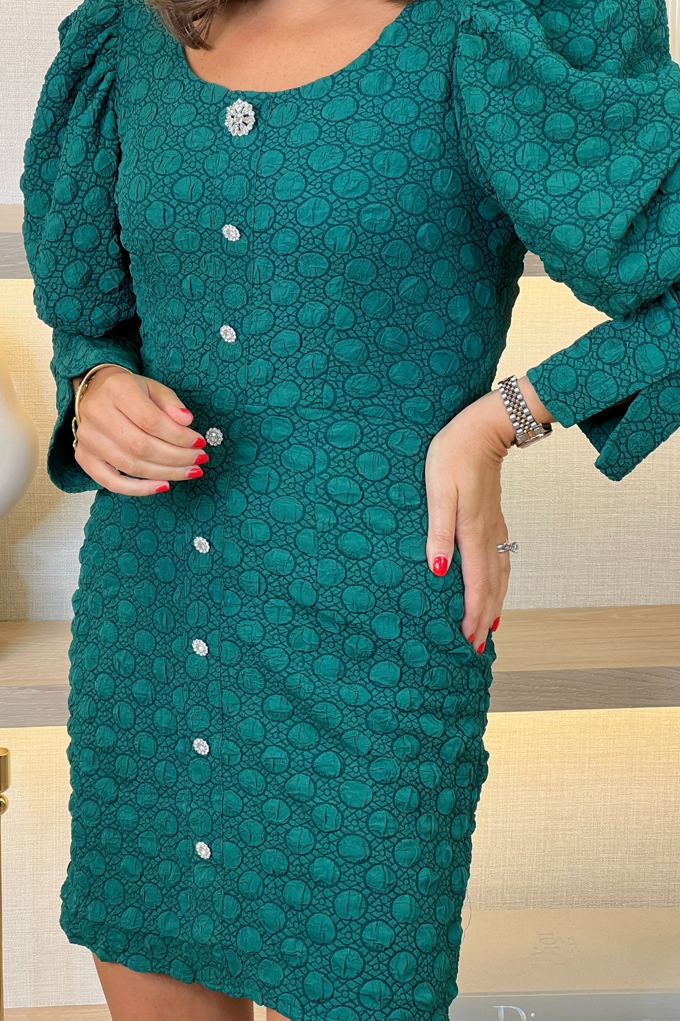 Paige Textured Puff Sleeve Dress In Green - The Walk in Wardrobe