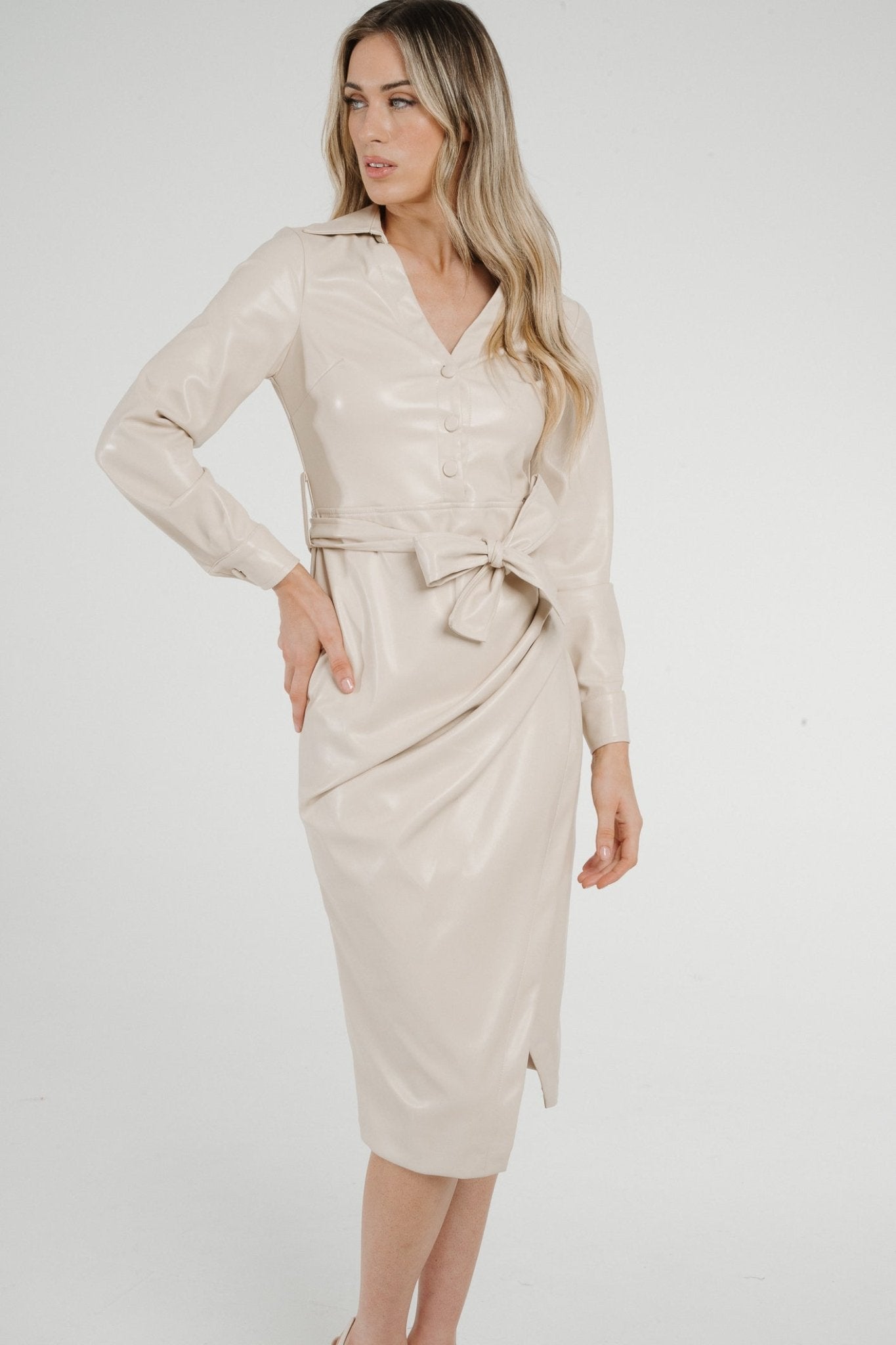 Pia Faux Leather Wrap Dress In Cream - The Walk in Wardrobe