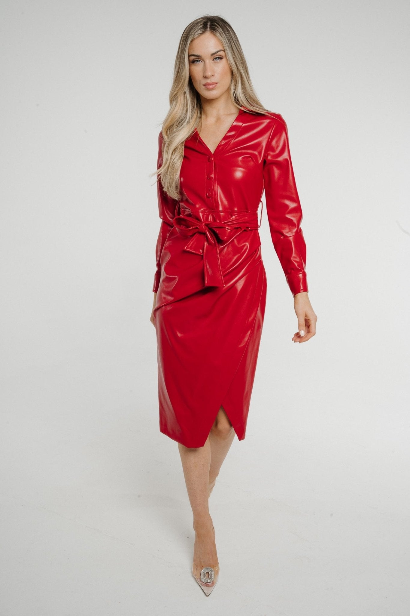 Pia Faux Leather Wrap Dress In Red - The Walk in Wardrobe