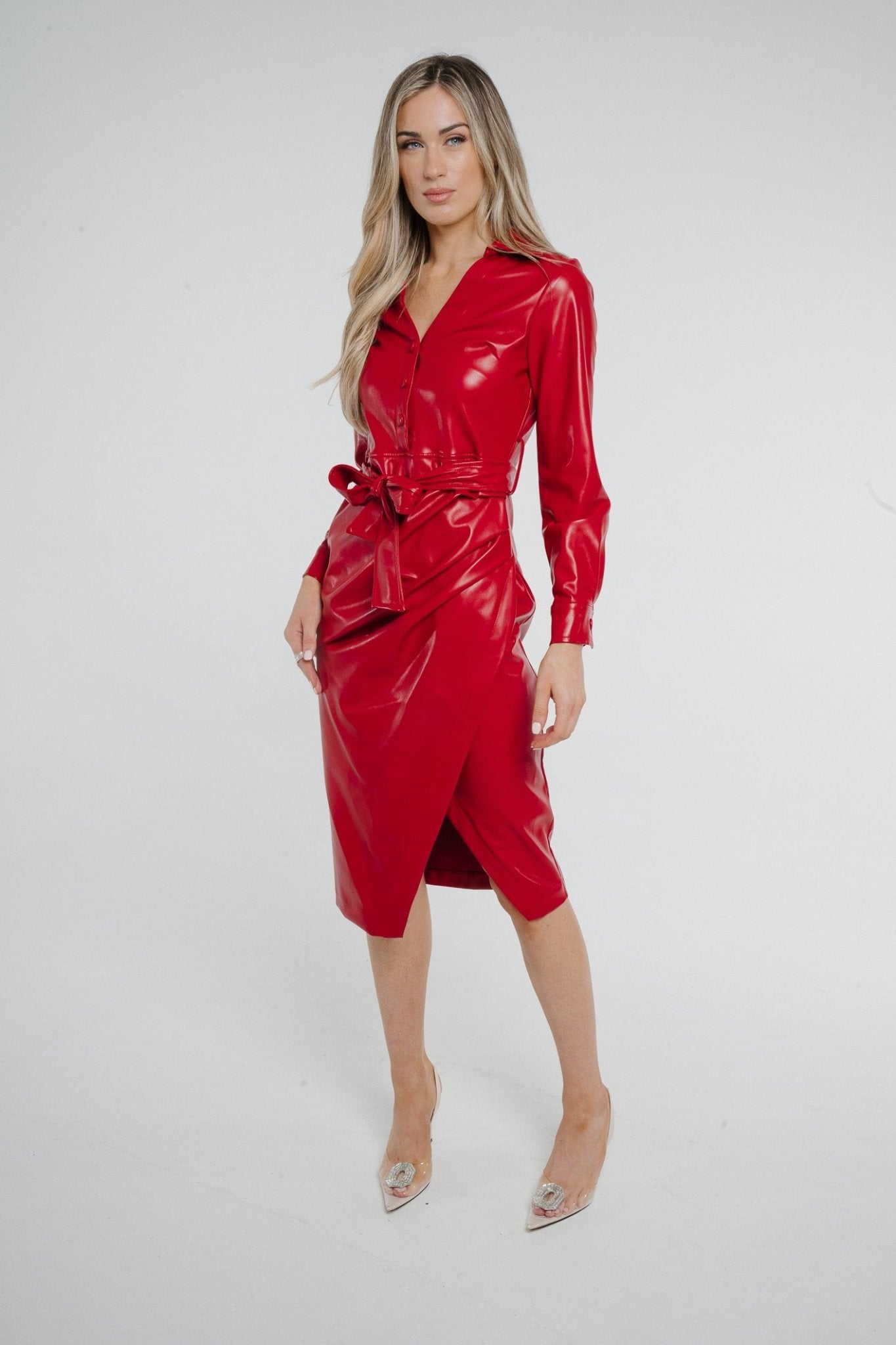 Pia Faux Leather Wrap Dress In Red - The Walk in Wardrobe