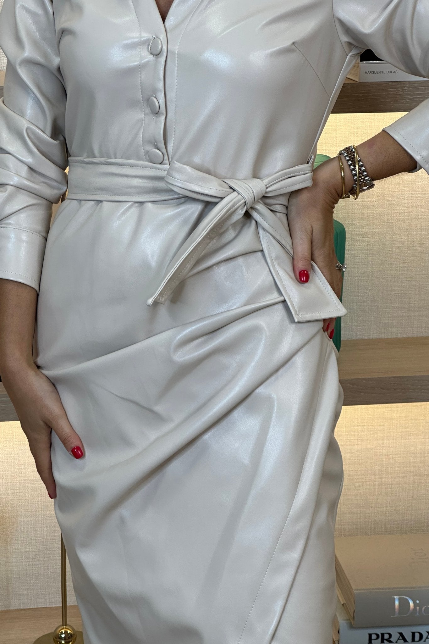 Pia Leather Wrap Dress In Cream - The Walk in Wardrobe