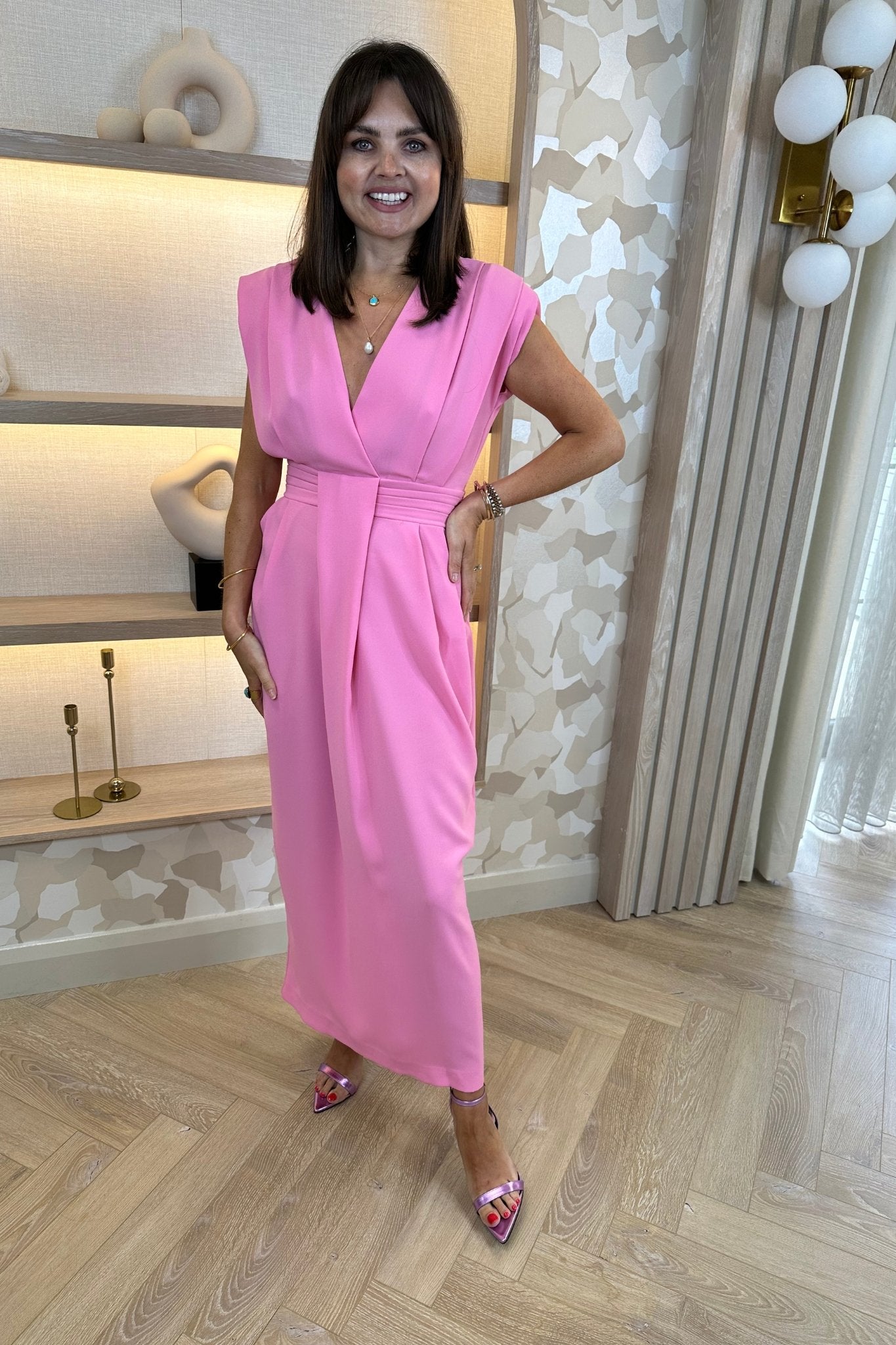 Pia V-Neck Dress In Pink - The Walk in Wardrobe