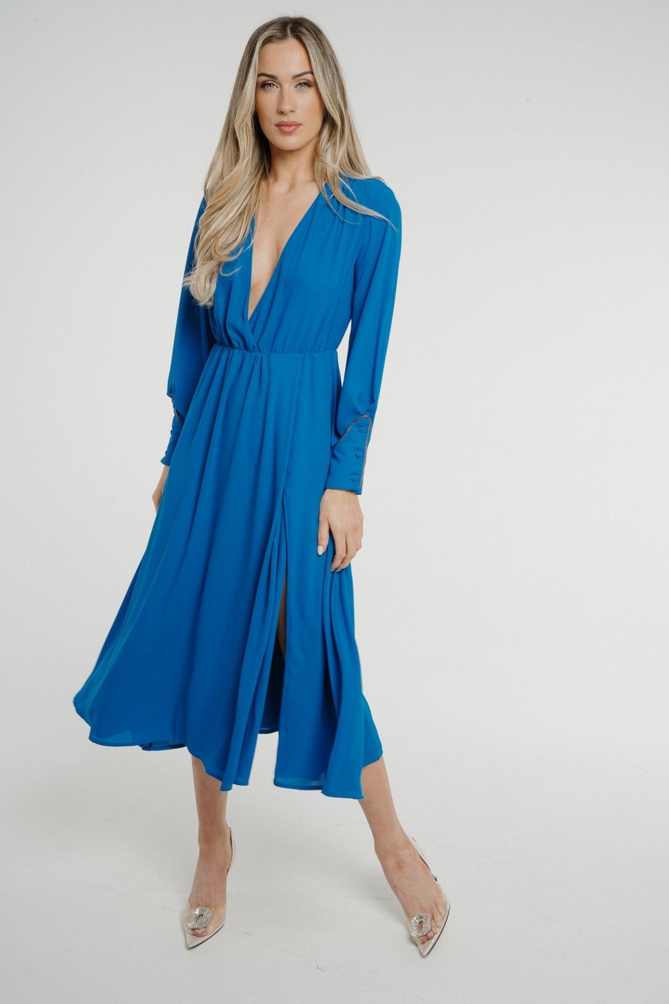 Pia V-Neck Midi Dress In Blue - The Walk in Wardrobe
