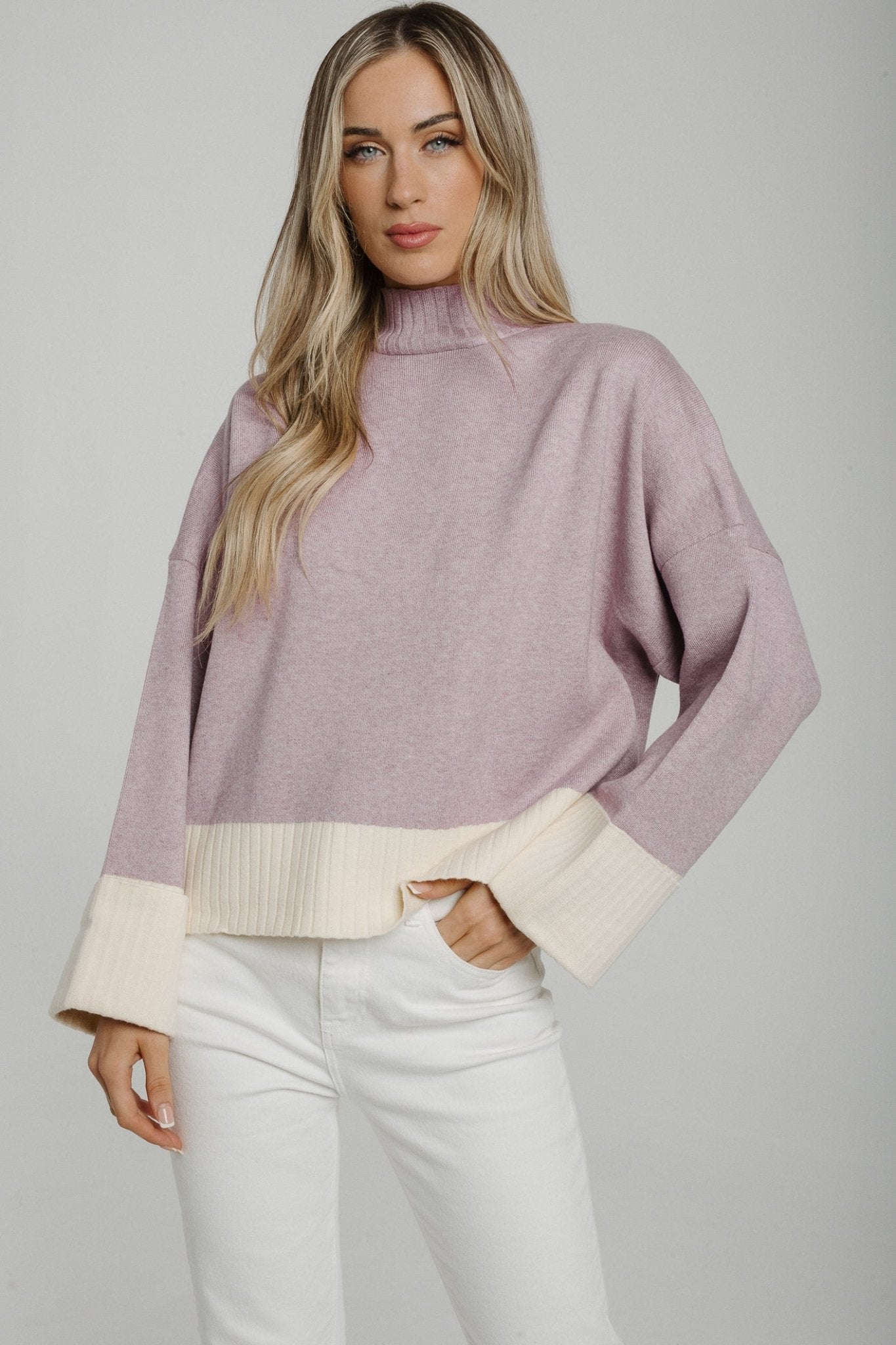 Polly Contrast High Neck Sweater In Lilac - The Walk in Wardrobe