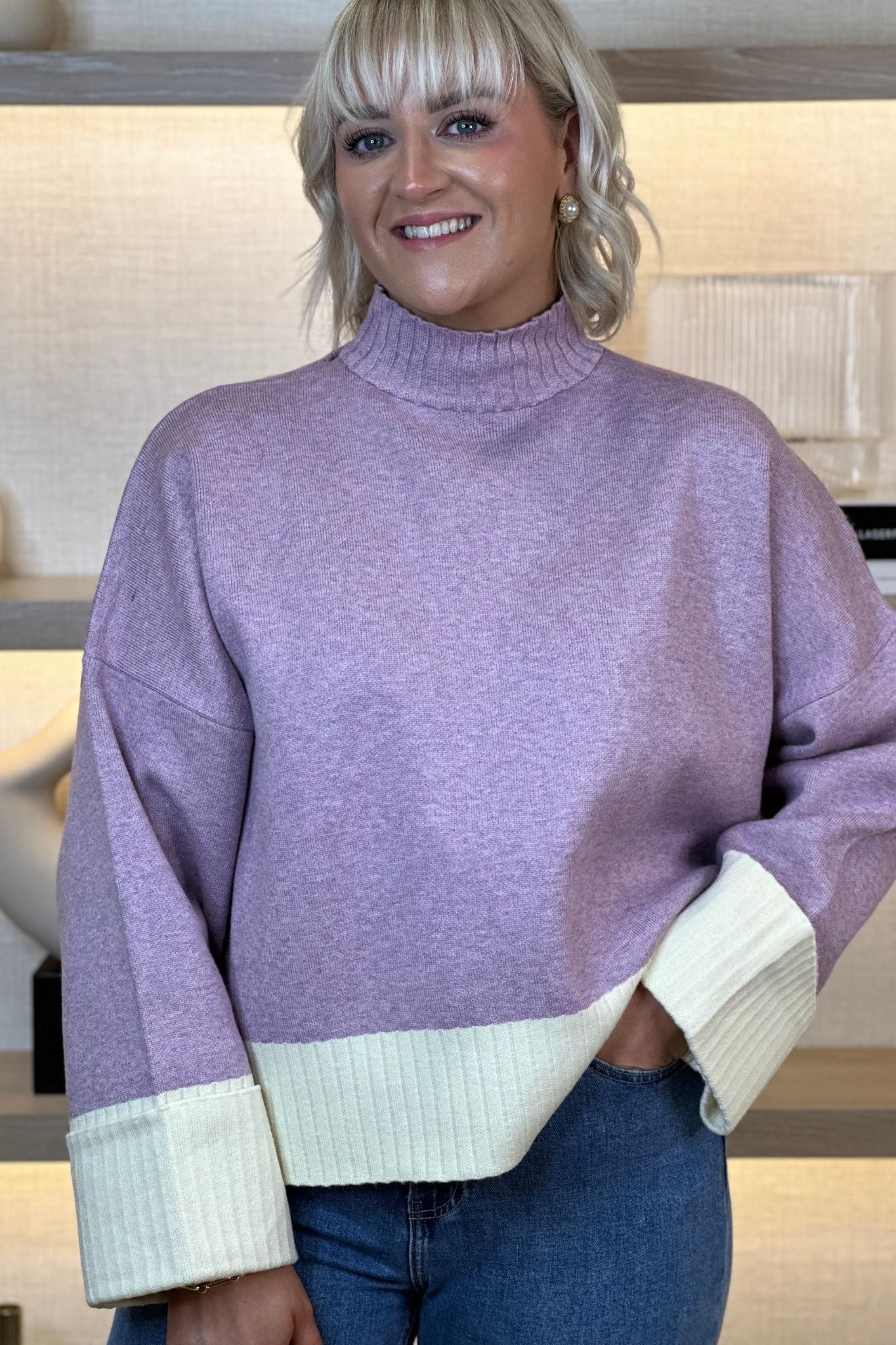 Polly Contrast High Neck Sweater In Lilac - The Walk in Wardrobe