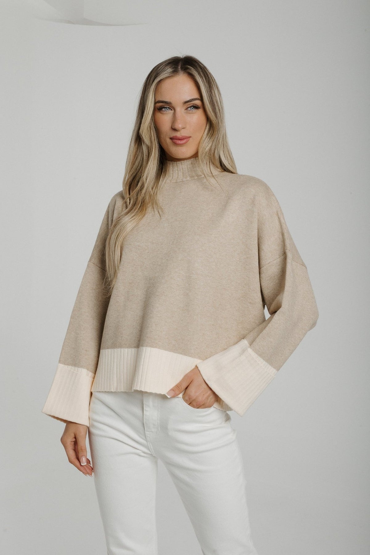 Polly Contrast High Neck Sweater In Neutral - The Walk in Wardrobe