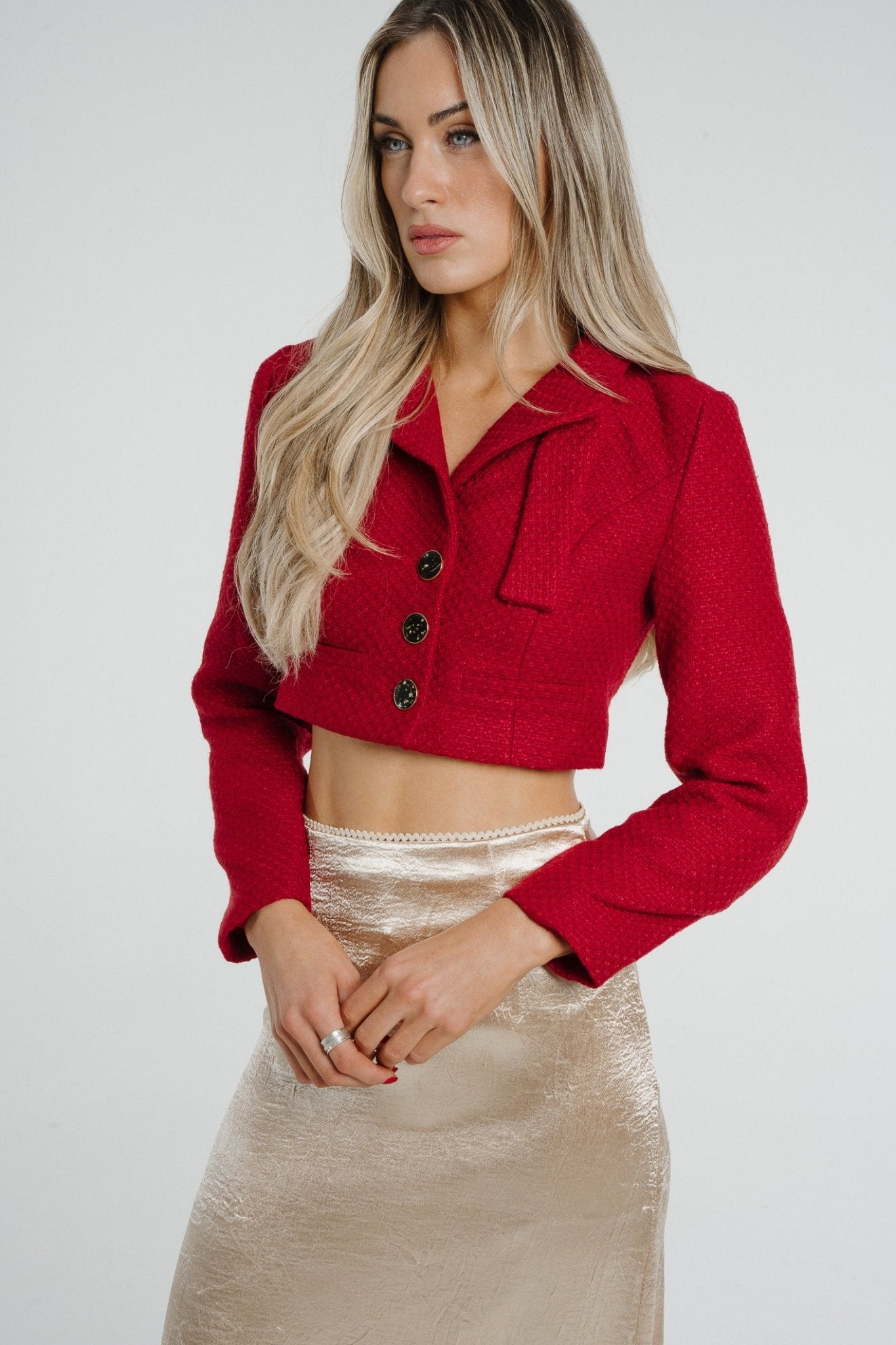 Polly Crop Tweed Jacket In Red - The Walk in Wardrobe