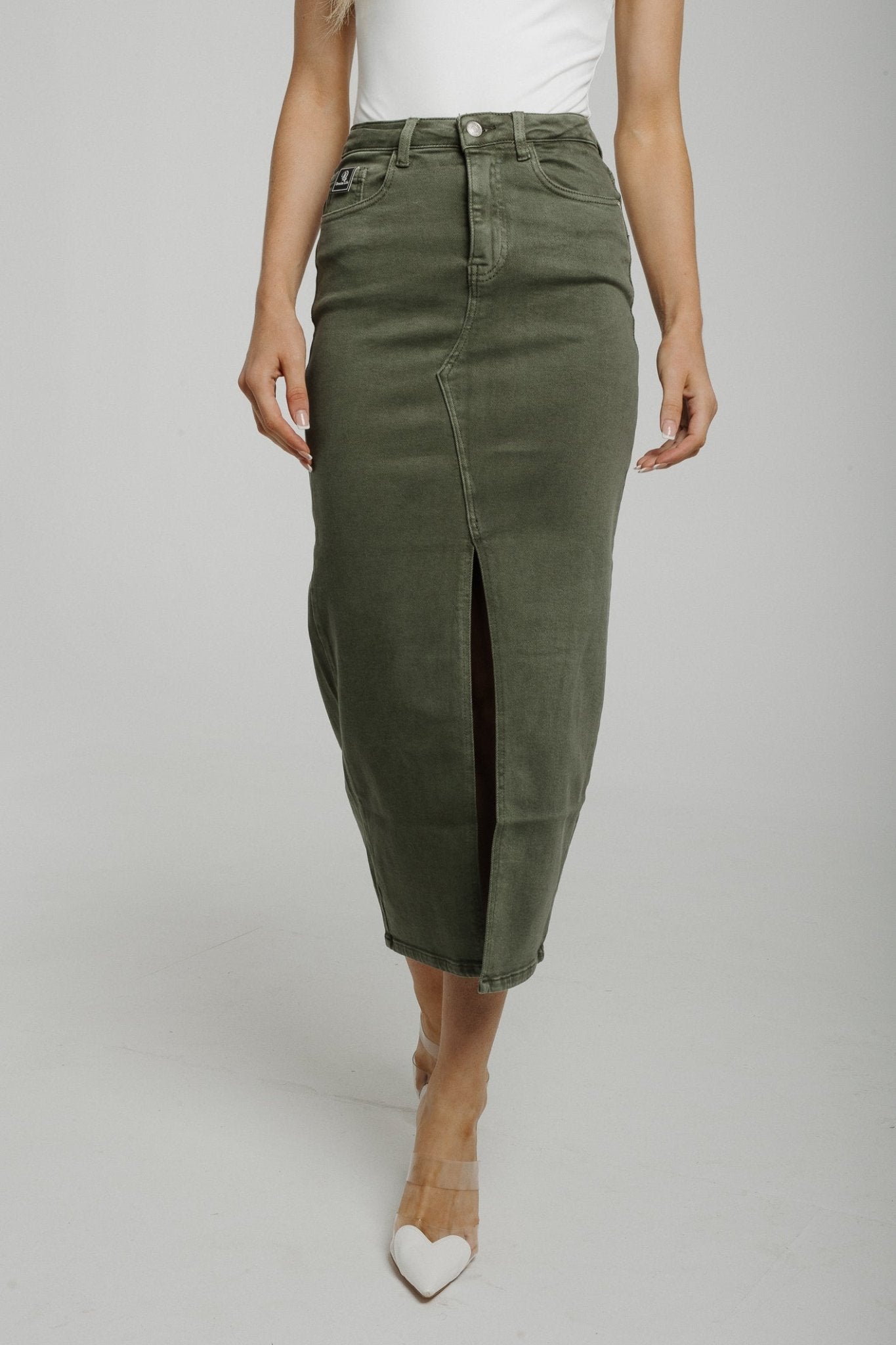 Polly Denim Maxi Skirt In Khaki - The Walk in Wardrobe