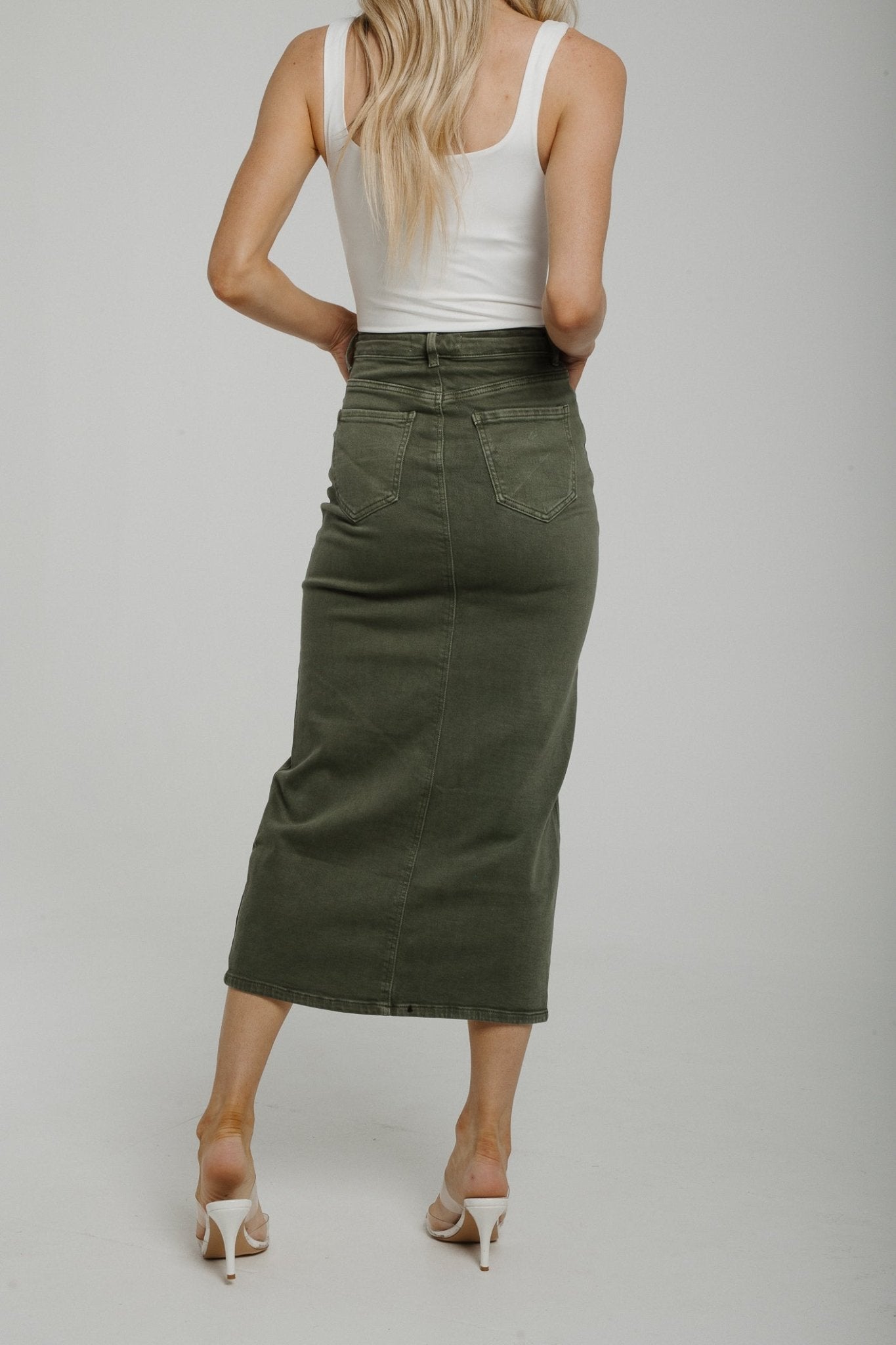 Polly Denim Maxi Skirt In Khaki - The Walk in Wardrobe