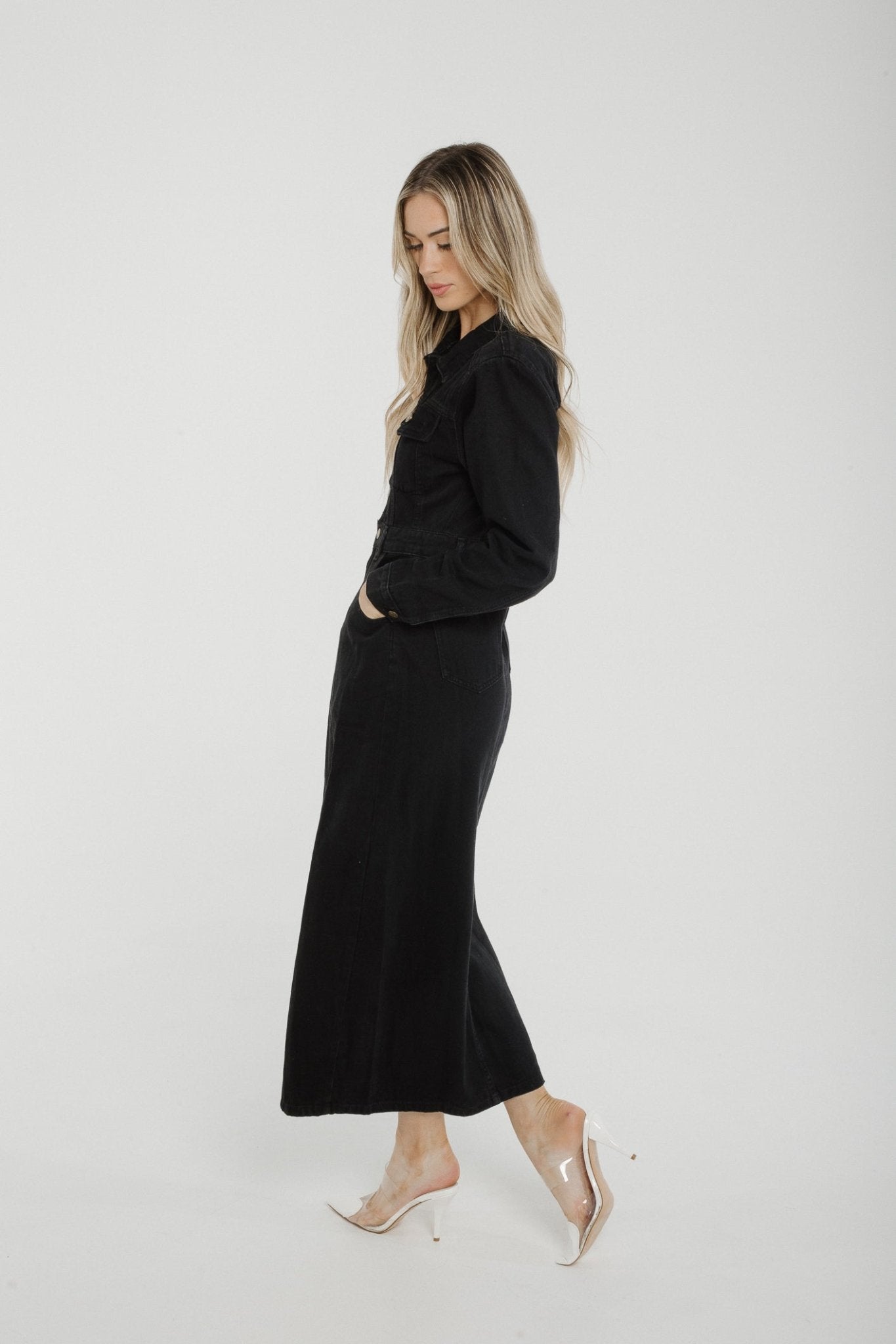 Polly Denim Midi Dress In Black - The Walk in Wardrobe