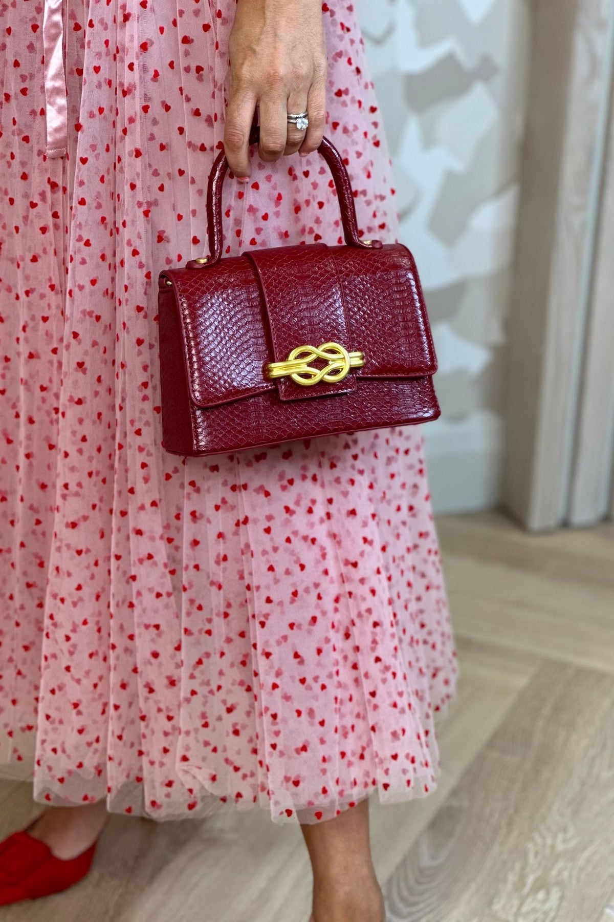 Polly Embossed Snake Effect Bag In Red - The Walk in Wardrobe