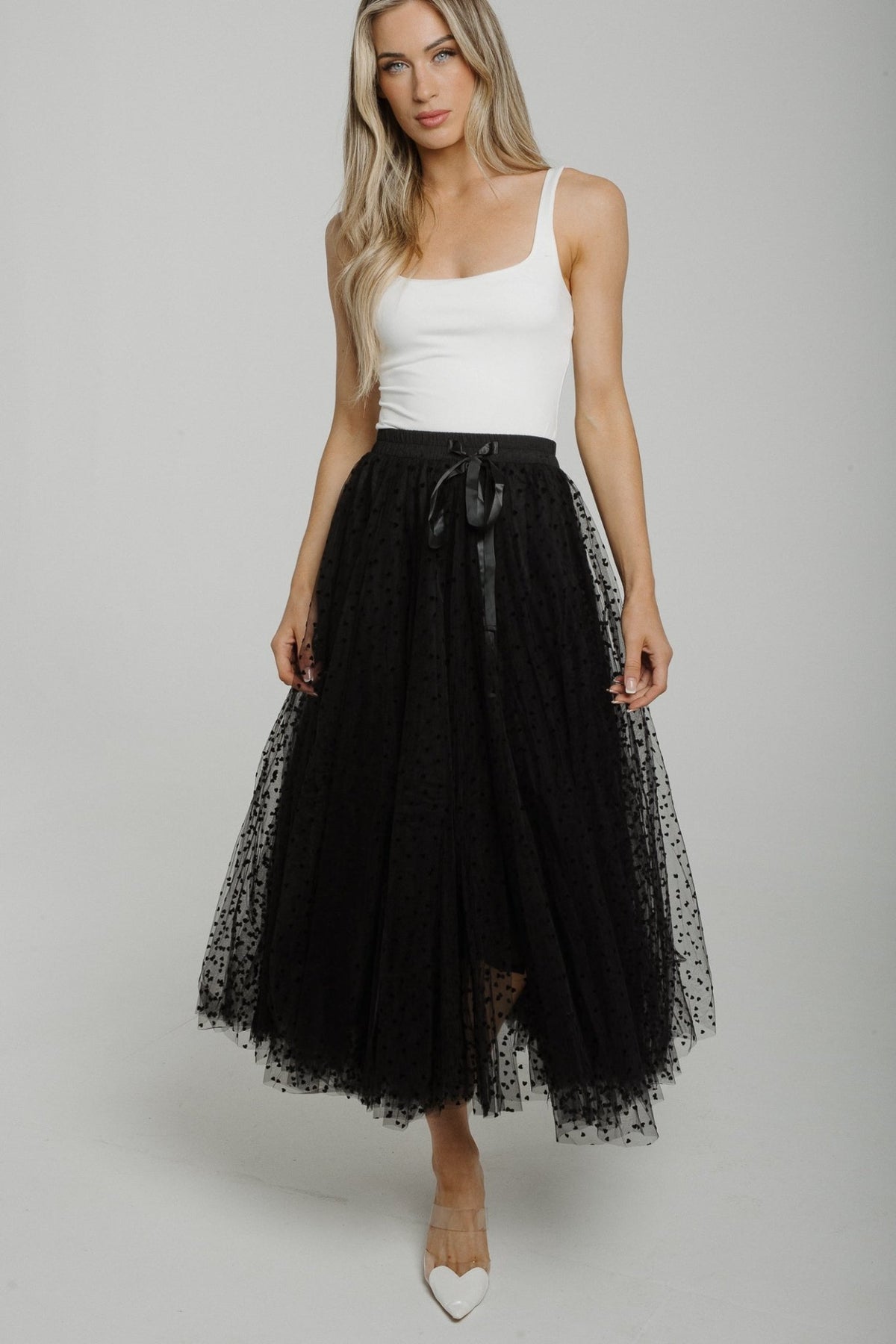 Polly Heart Print Tulle Skirt In Black - The Walk in Wardrobe
