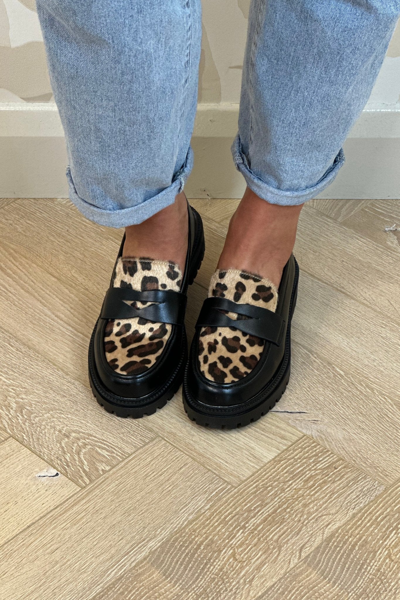Polly Leopard Print Loafers In Black - The Walk in Wardrobe