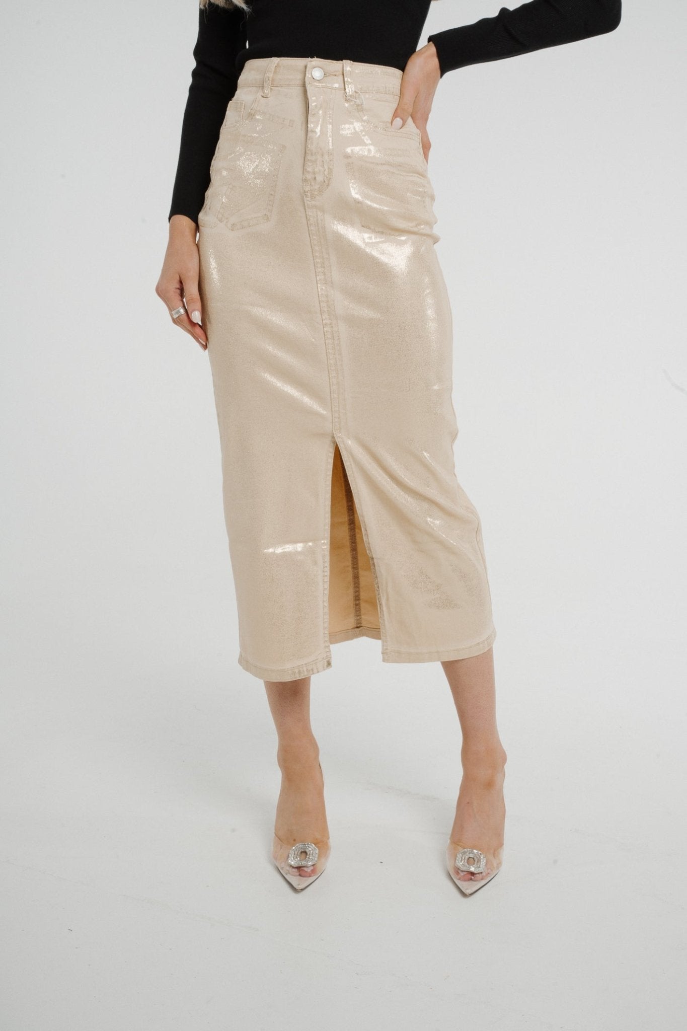 Polly Metallic Denim Skirt In Gold - The Walk in Wardrobe