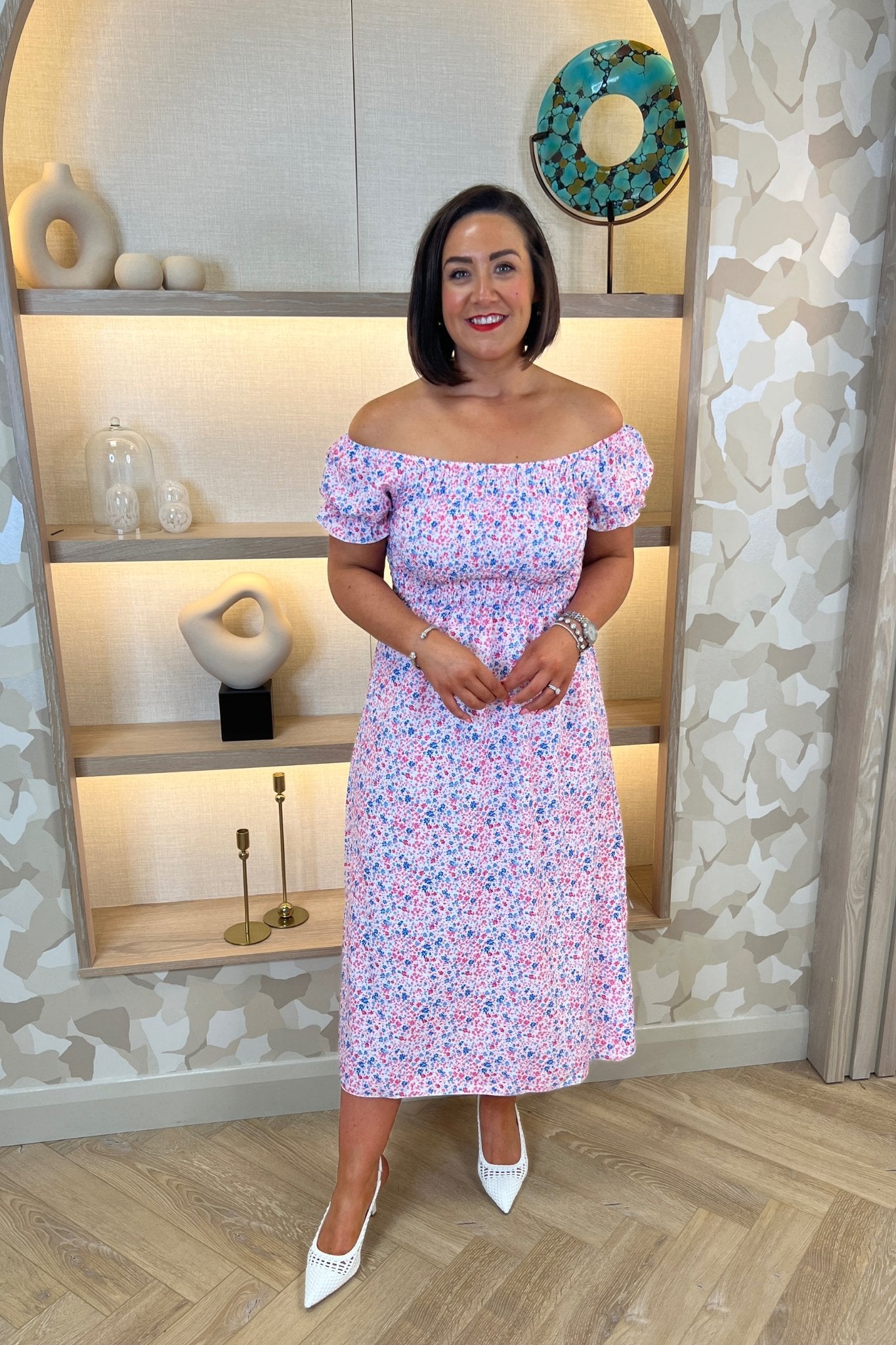 Polly Off Shoulder Floral Dress In Pink - The Walk in Wardrobe