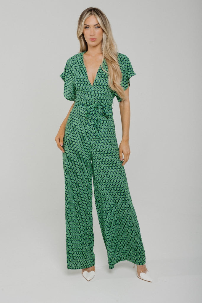 Polly Printed Jumpsuit In Green & Navy - The Walk in Wardrobe
