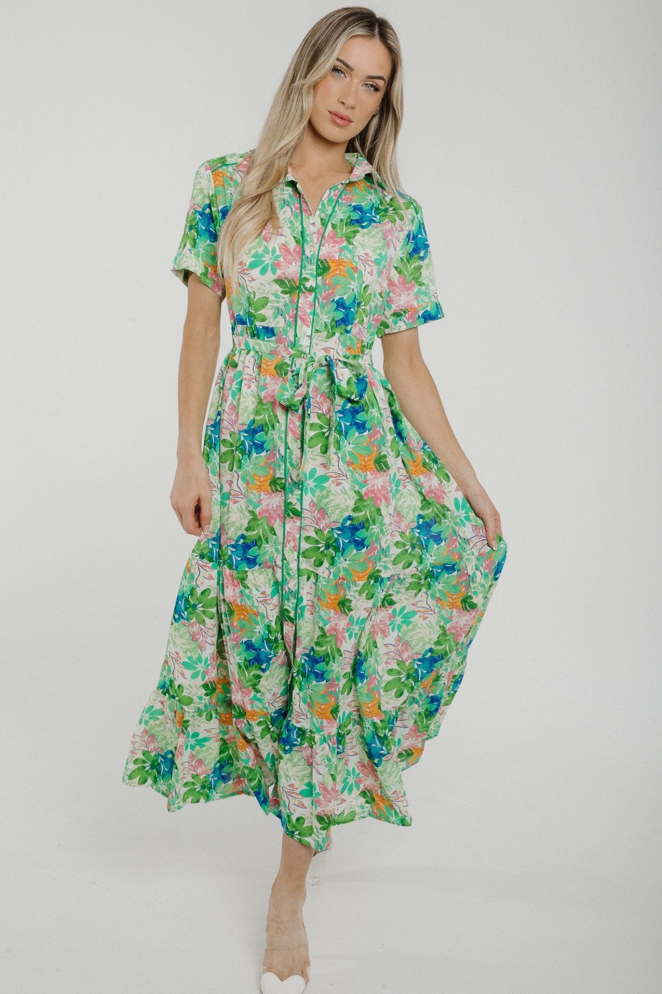 Polly Printed Shirt Dress In Green Floral - The Walk in Wardrobe