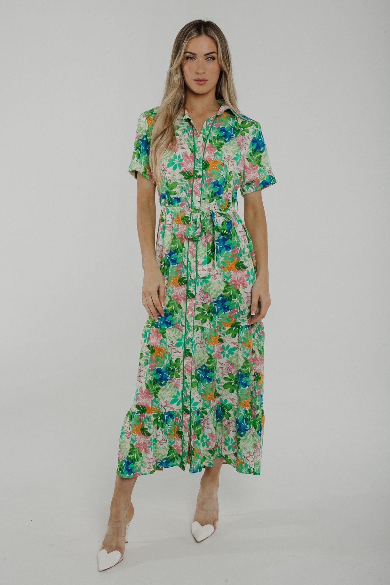 Polly Printed Shirt Dress In Green Floral - The Walk in Wardrobe