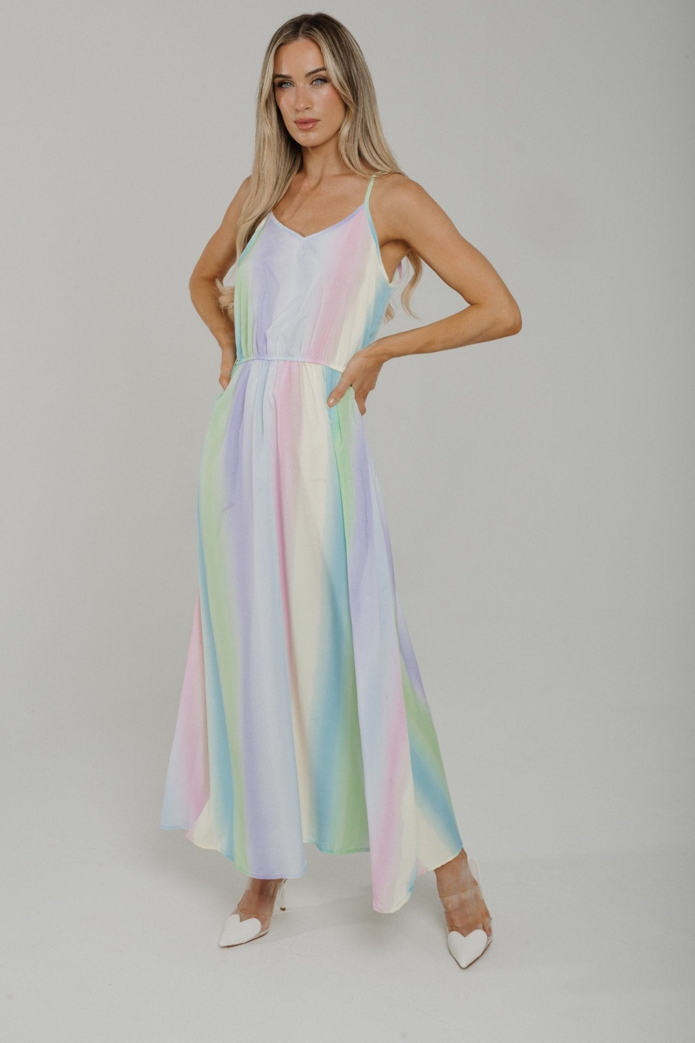 Polly Rainbow Print Dress In Lilac Mix - The Walk in Wardrobe