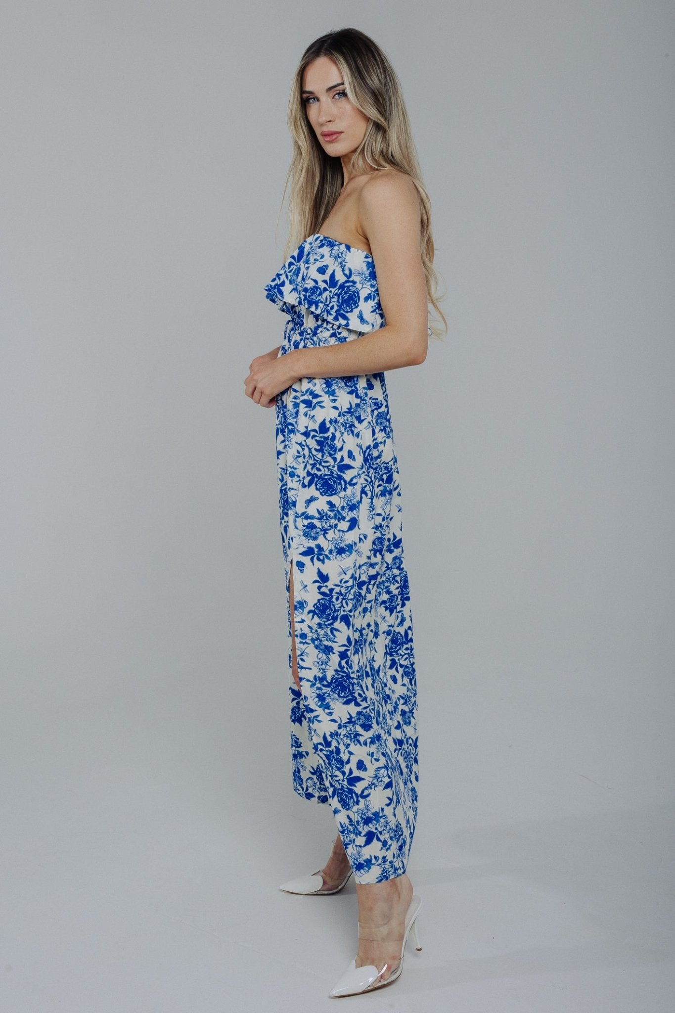 Polly Strapless Maxi Dress In Blue Print - The Walk in Wardrobe