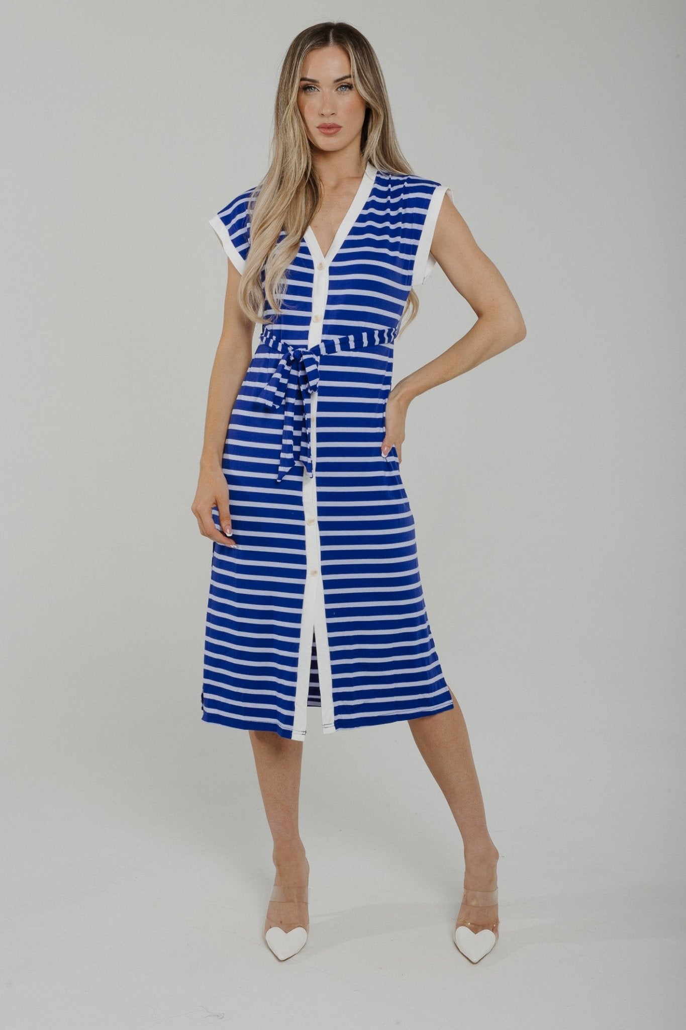 Polly Stripe Midi Dress In Blue & White - The Walk in Wardrobe