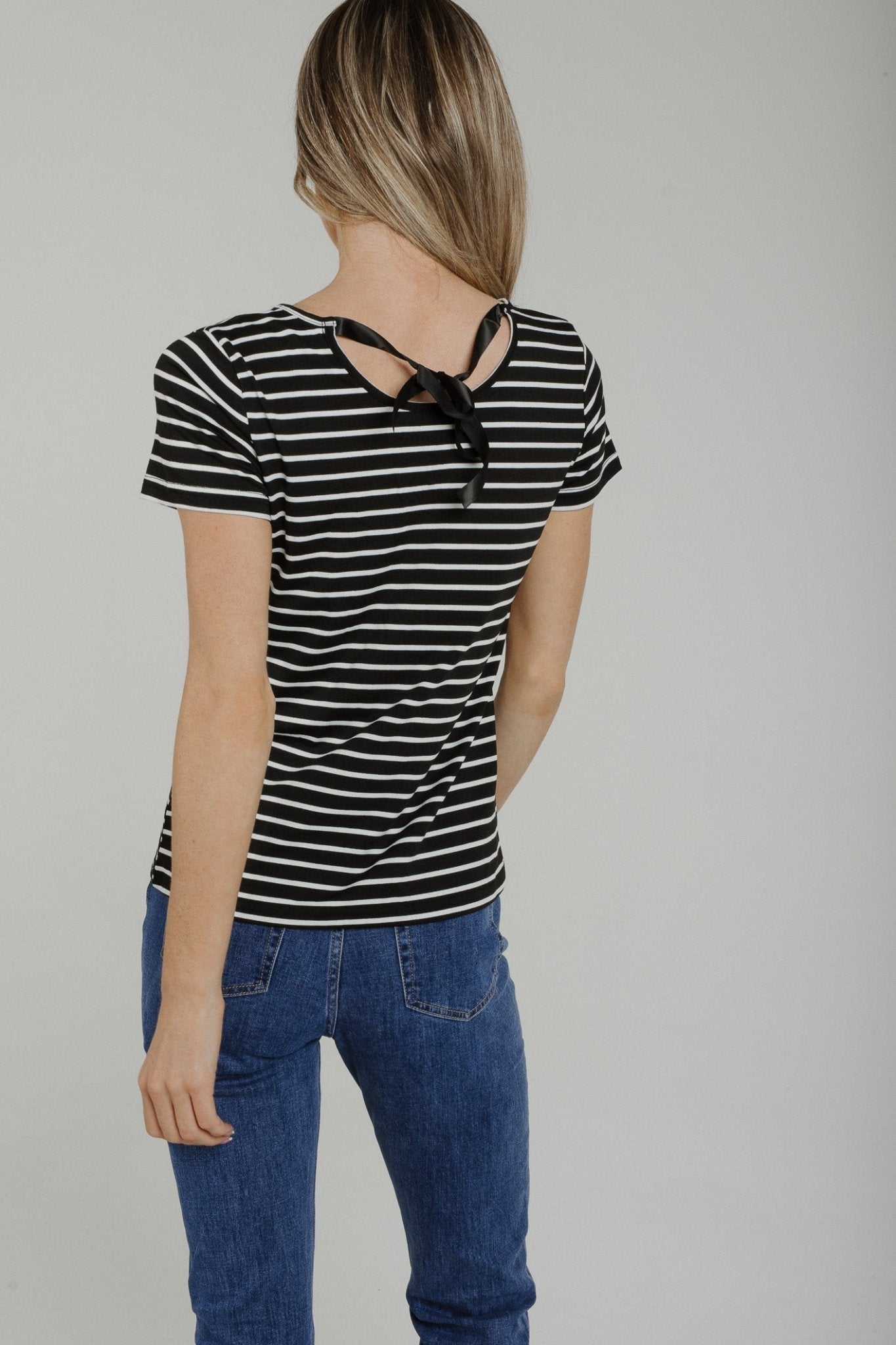 Polly Stripe T-Shirt With Bow In Black - The Walk in Wardrobe