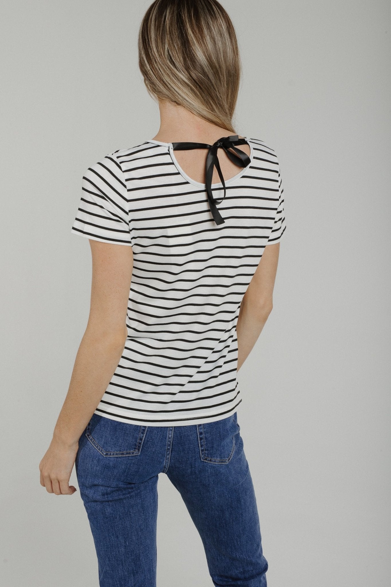 Polly Stripe T-Shirt With Bow In White - The Walk in Wardrobe