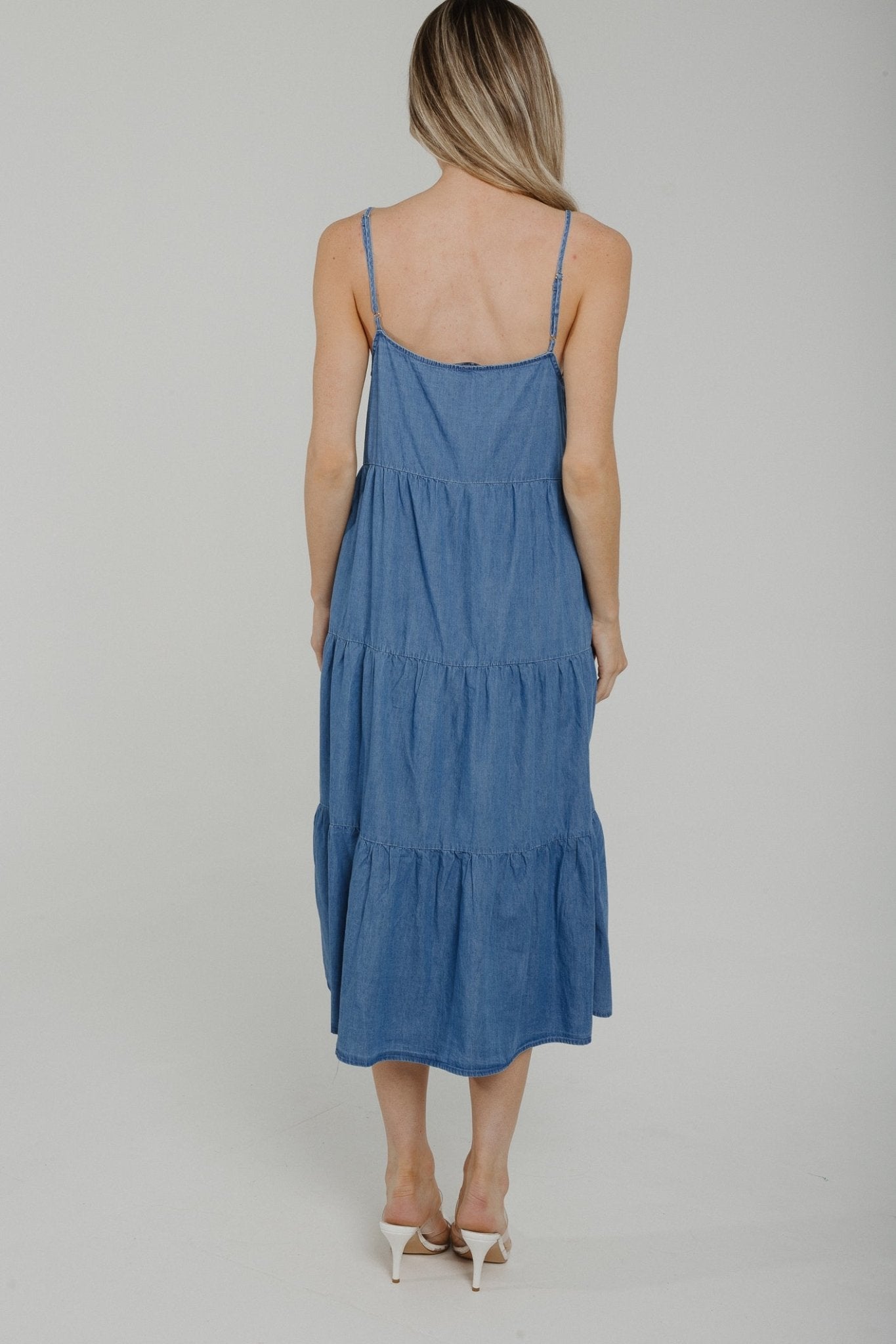 Polly Tiered Denim Dress In Mid Wash - The Walk in Wardrobe