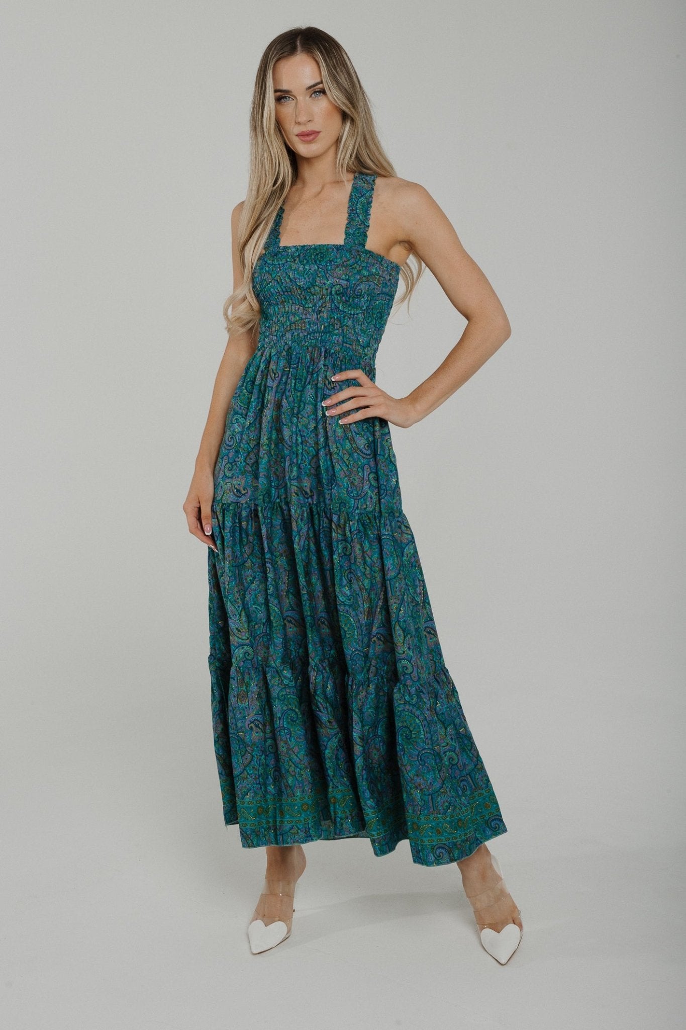 Polly Tiered Dress In Green Print - The Walk in Wardrobe