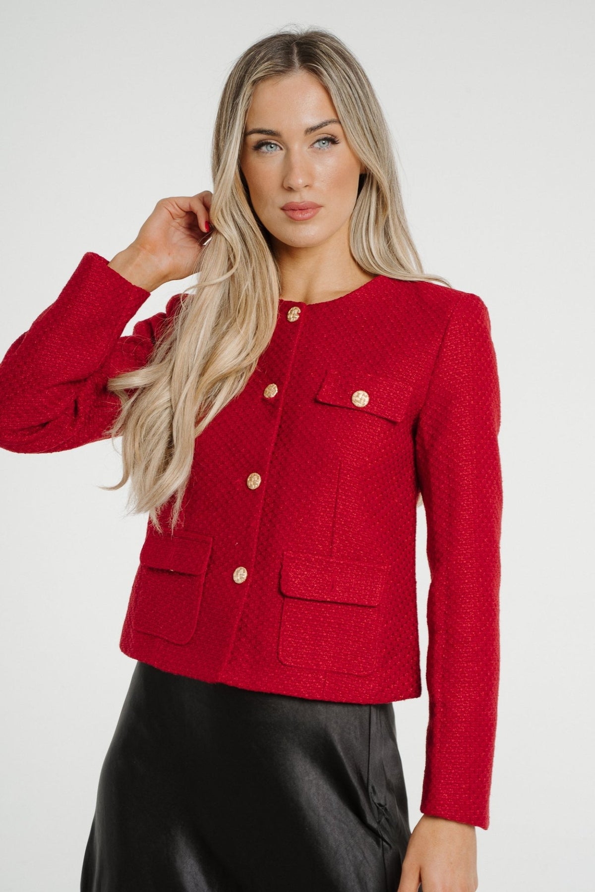 Polly Tweed Jacket In Red - The Walk in Wardrobe