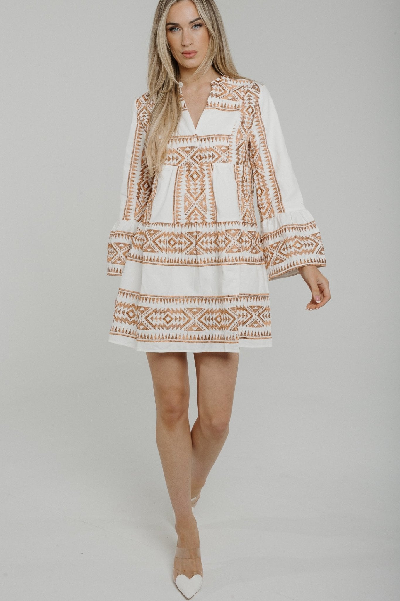 Poppy Bell Sleeve Embroidered Dress In White - The Walk in Wardrobe