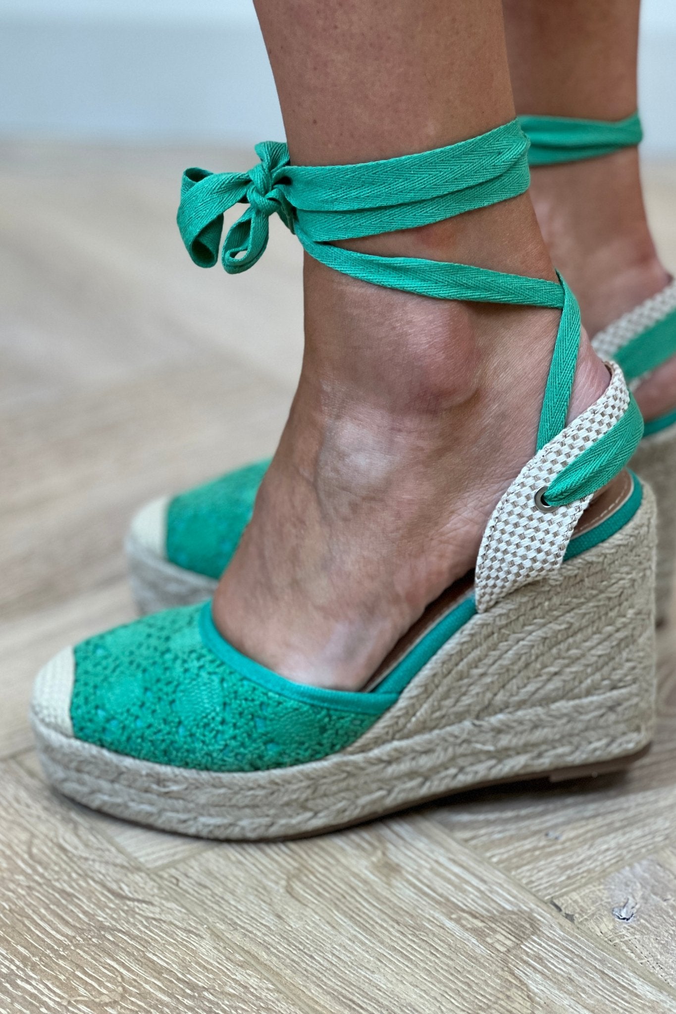Sadie Crochet Detail Wedge In Green - The Walk in Wardrobe