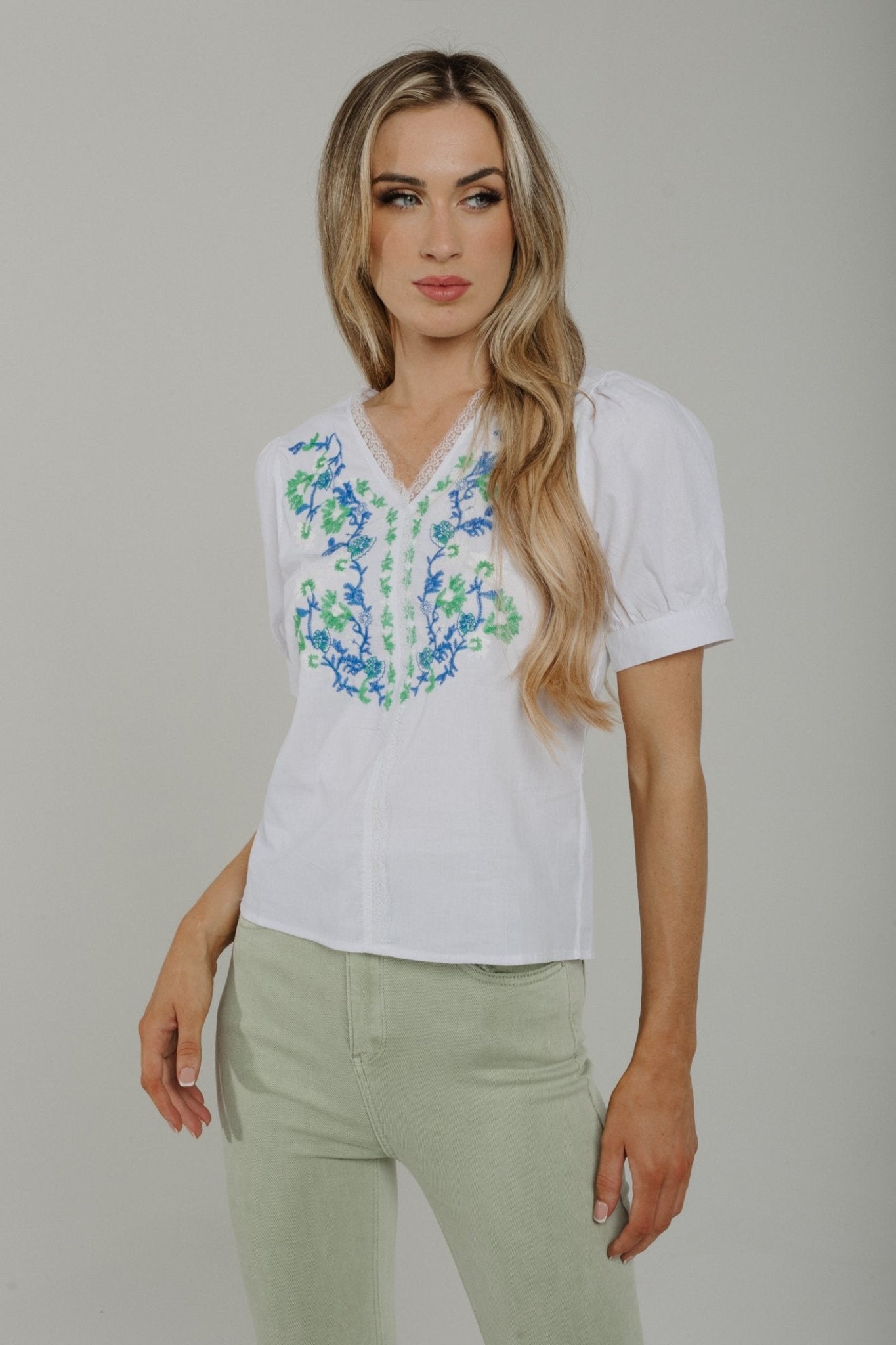Sally Blue Embroidered Blouse In White - The Walk in Wardrobe